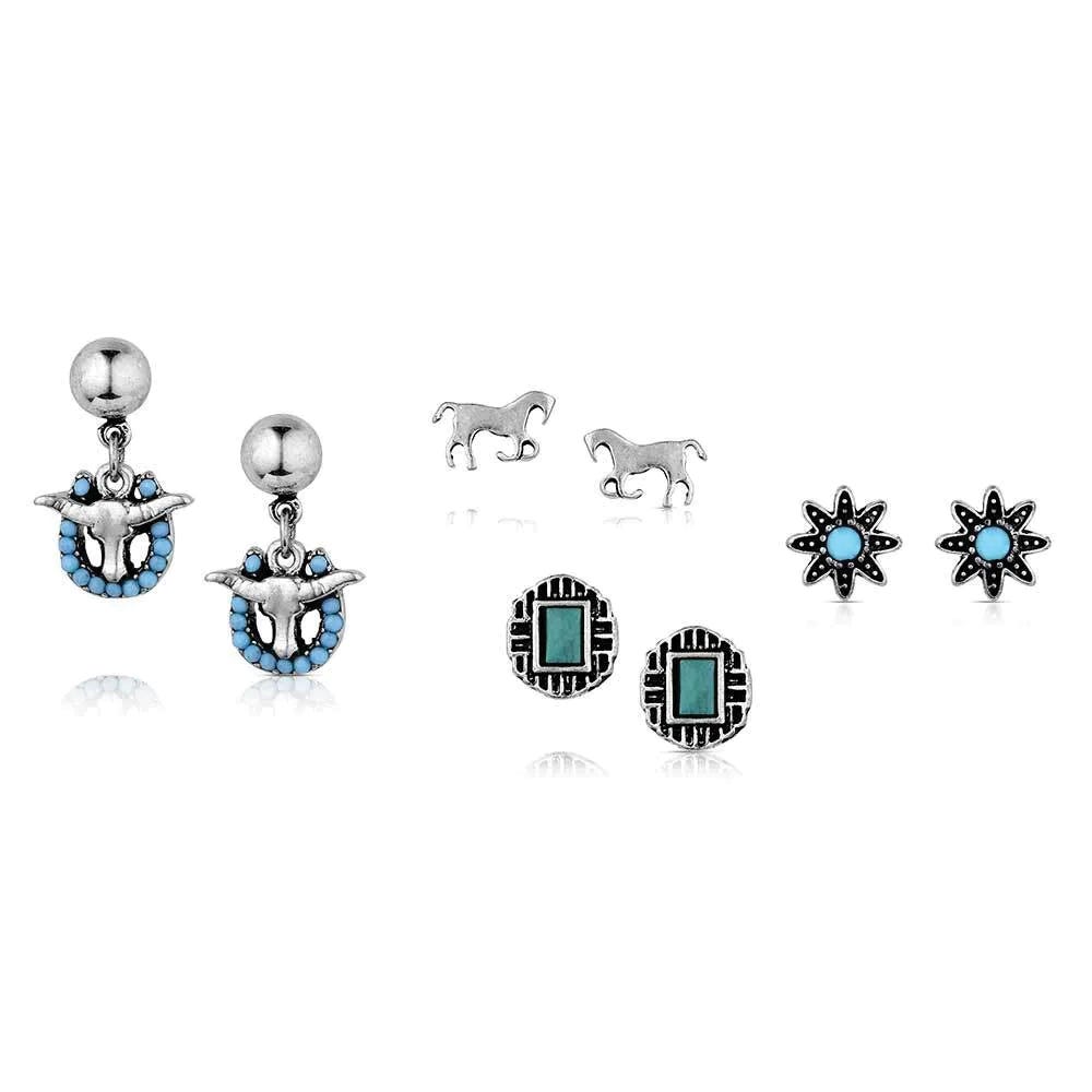 Montana Silversmiths AER6243 Earring Set, Floral, Bead, Turquoise, Green/Light Blue/Silver, Stainless Steel/Zinc Alloy