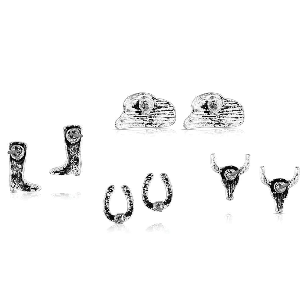 Montana Silversmiths AER6241 Earring Set, Cowgirl Boots, Cowgirl Hat, Horseshoes, Skull, Zirconia Crystal