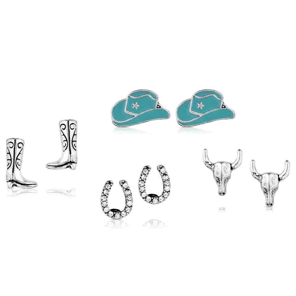 Montana Silversmiths AER6241 Earring Set, Cowgirl Boots, Cowgirl Hat, Horseshoes, Skull, Zirconia Crystal