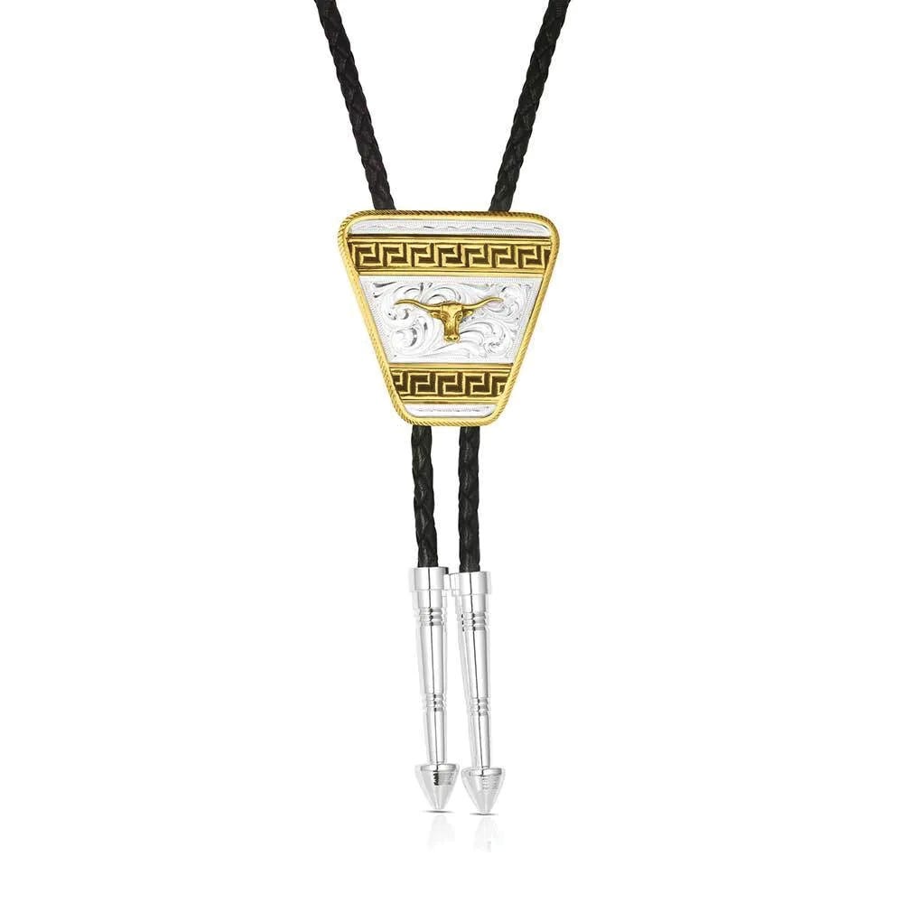 Montana Silversmiths BT6169-384S Bolo Tie, Engraved, Brass/Leather
