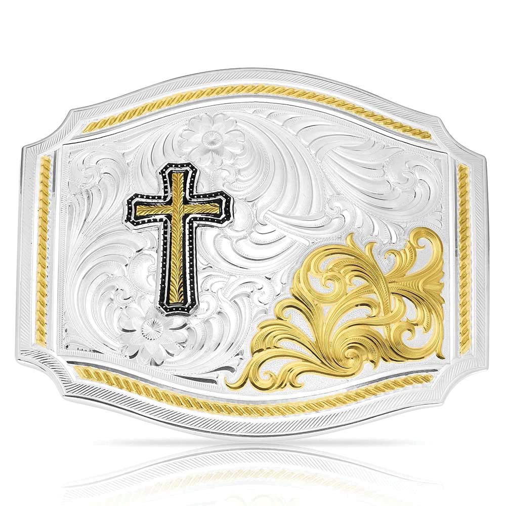 Montana Silversmiths 55710-929M Buckle, Curved Square, The Horseman with Cross, Gold/Silver