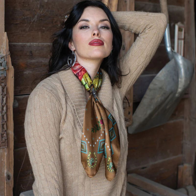 Fringe Scarve Hold Your Horses Silk Scarf, Caramel Brown, S