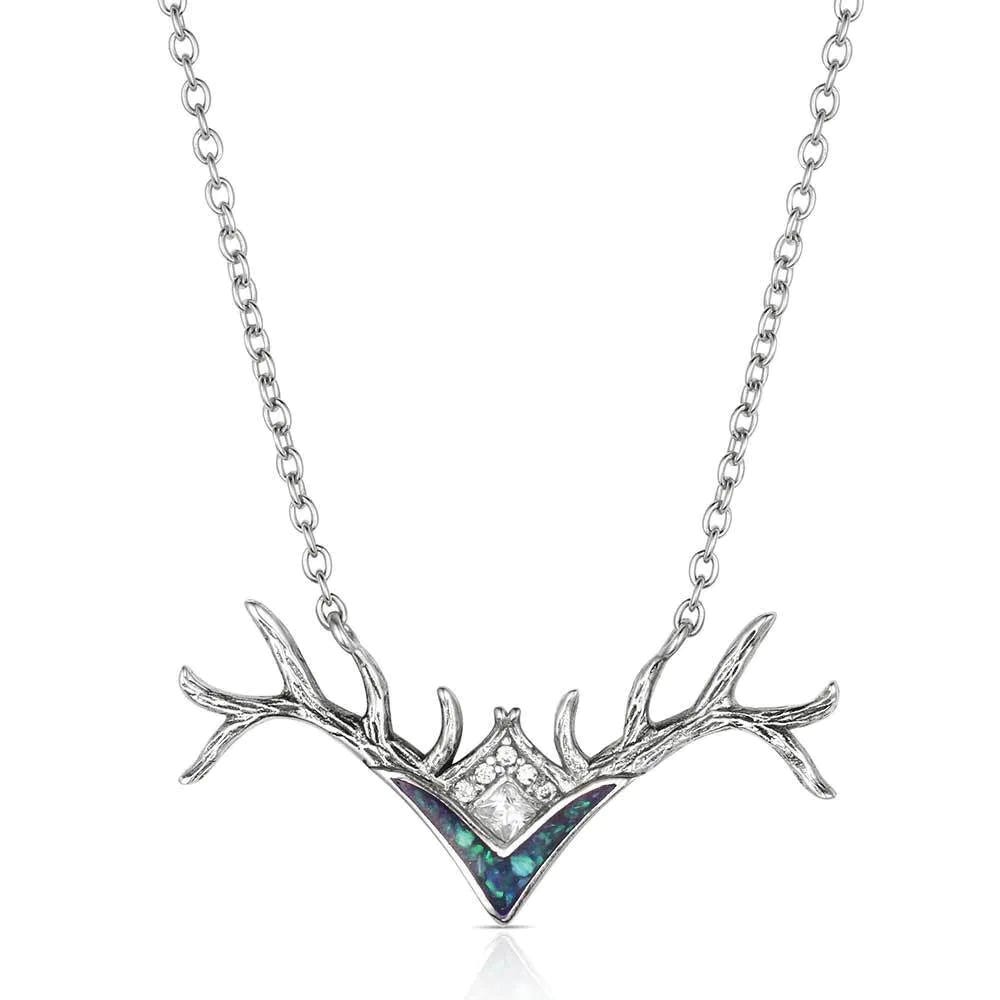 Montana Silversmiths KTNC6331 Necklace, Antler, Opal, Zirconia Crystal, Clear, Sterling Silver