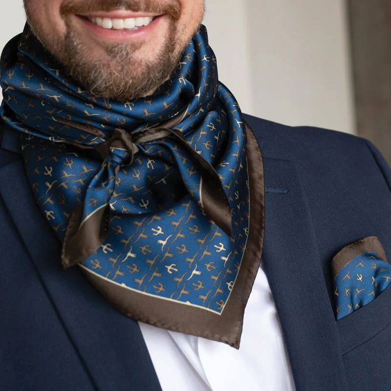 Fringe Scarves Executive Longhorn/Saguaro Silk Scarf, Navy, L