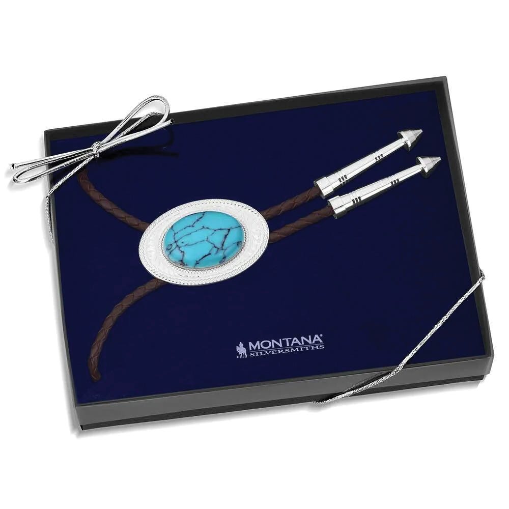 Montana Silversmiths BT6146TQ Bolo Tie, Engraved, Turquoise, Brass/Leather