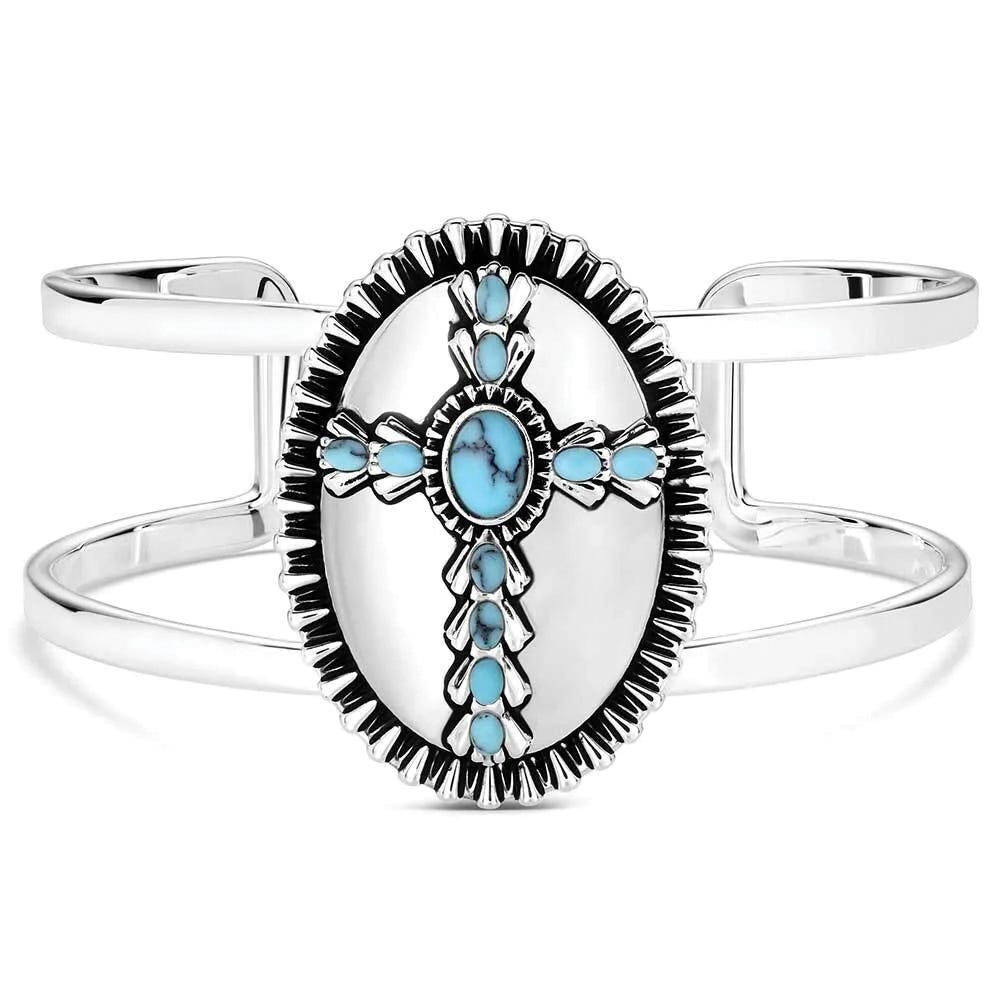 Montana Silversmiths BC6320 Cuff Bracelet, One-Size, Cross, Etched, Turquoise, Brass