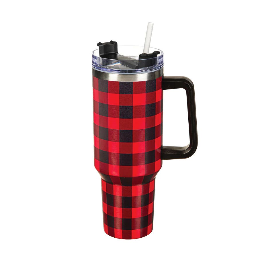 Evergreen Enterprises Double Wall Canyon Cup with Lid and Straw, 40 oz, Stainless Steel, Black/Red