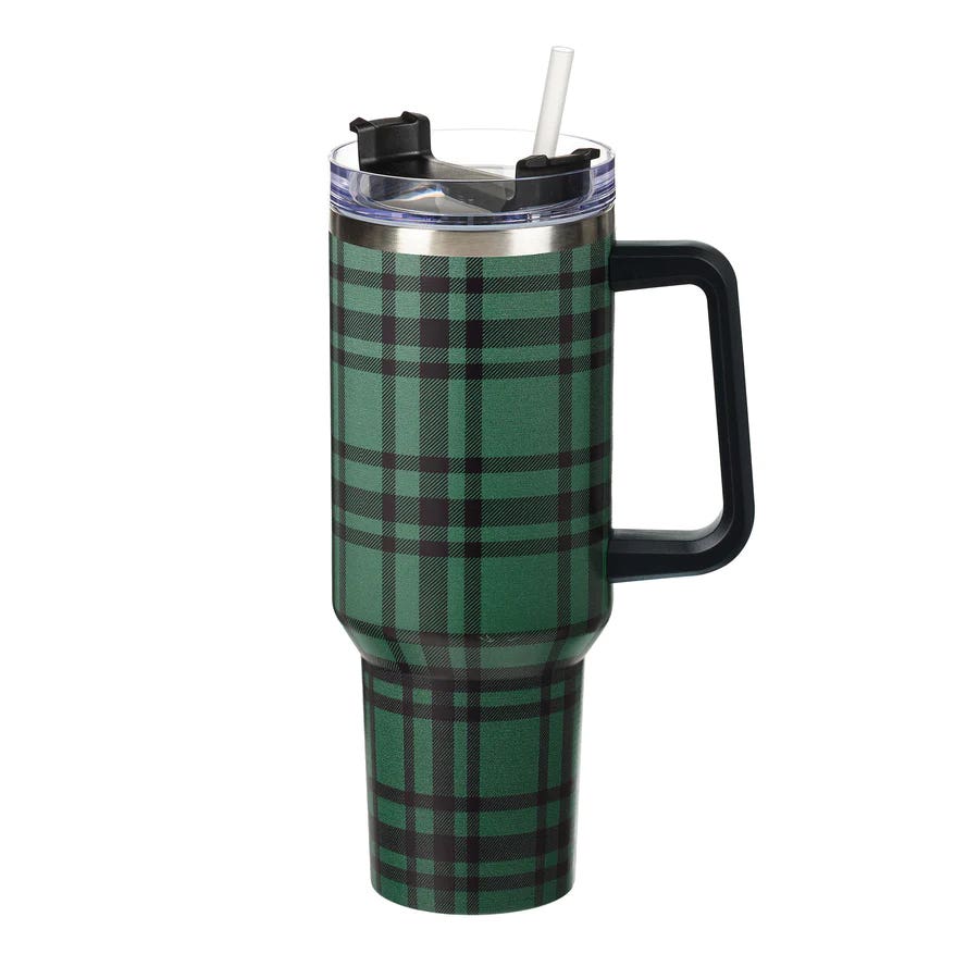 Evergreen Enterprises Double Wall Canyon Cup with Lid and Straw, 40 oz, Stainless Steel, Green/Red