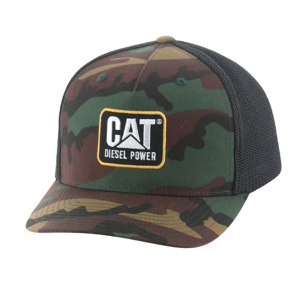 CAT 1120254-WC-OS Cap, Embroidered Logo Patch, One-Size, Polyester/Spandex, Woodland Camo