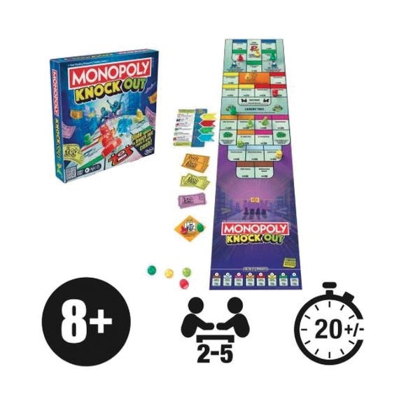 Monopoly F8995 Knockout Family Party Game, 8 Years and Up, 2 to 8-Player, Multi-Color