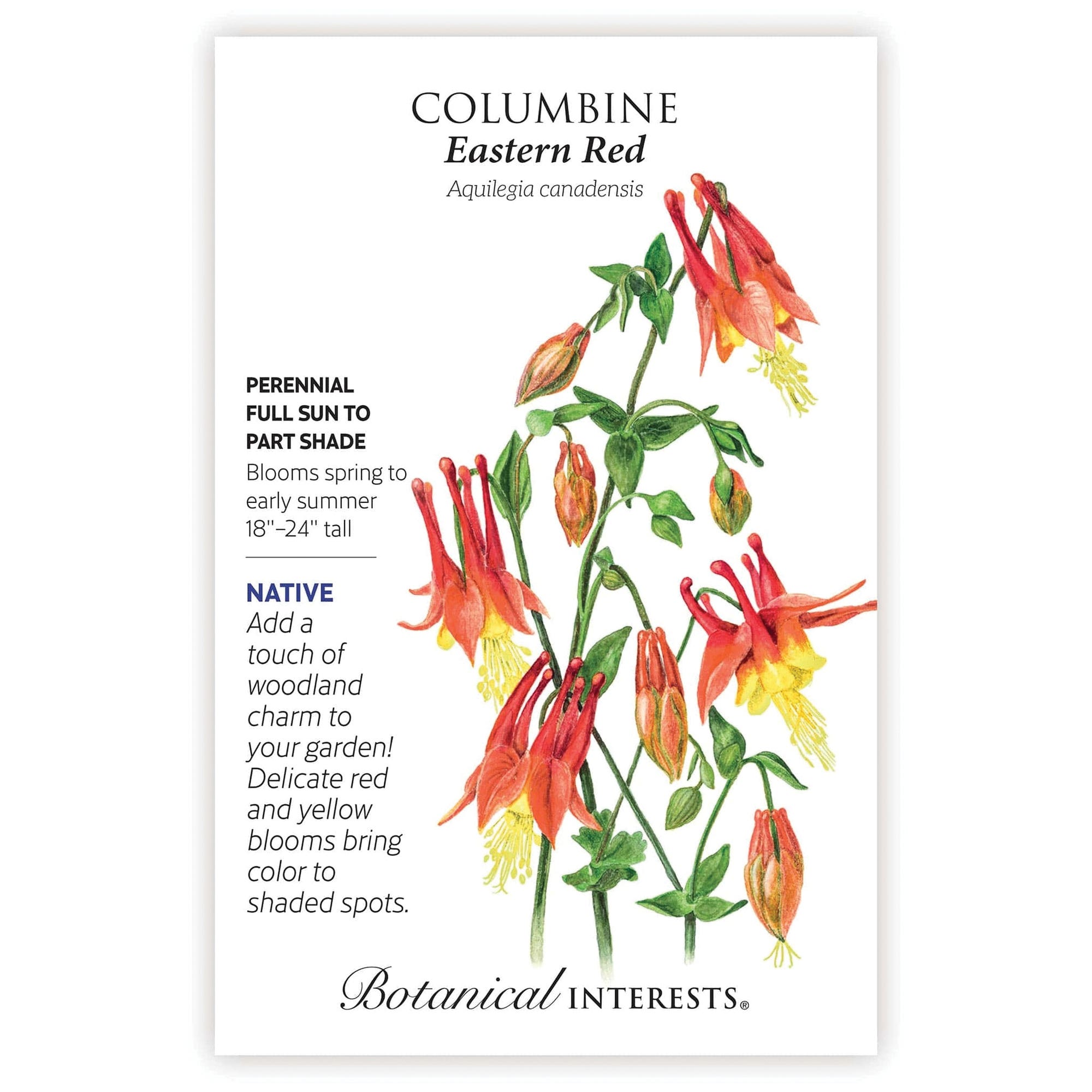 Botanical Interests Flower Seed, Eastern Red Columbine, Aquilegia Canadensis, Spring to Early Summer Bloom, 0.15 g