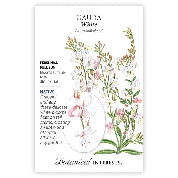 Botanical Interests Flower Seed, Gaura, Gaura Lindheimeri, Summer to Fall Bloom, Pink/White Bloom, 1 g