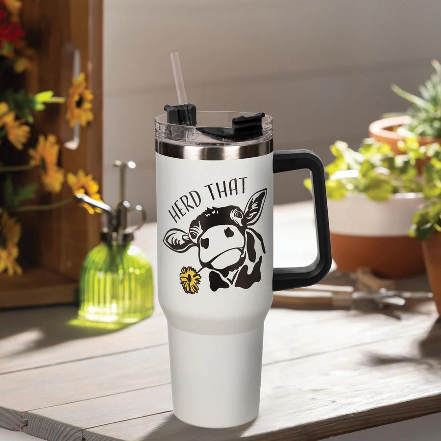 Plow & Hearth 3SSHD035A Herd That Cow Canyon Cup, 40 oz, Straw Lid, Stainless Steel