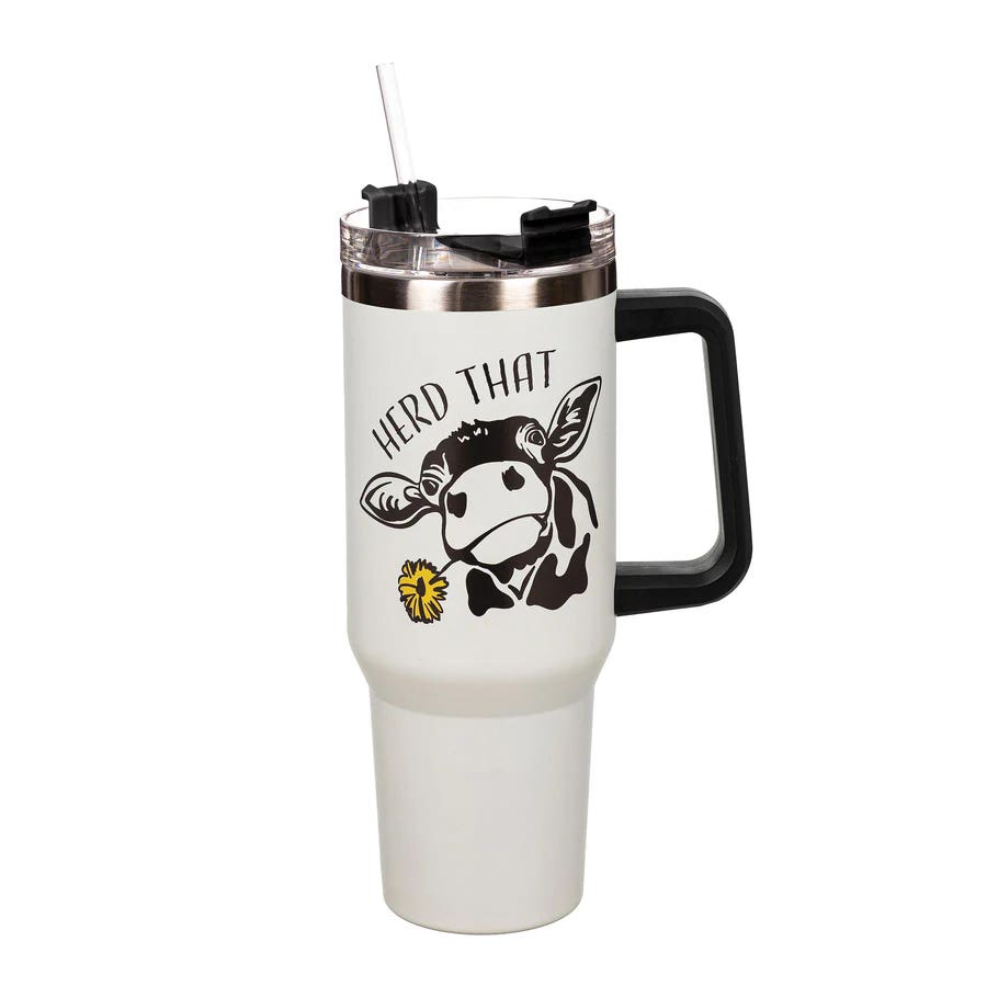 Plow & Hearth 3SSHD035A Herd That Cow Canyon Cup, 40 oz, Straw Lid, Stainless Steel