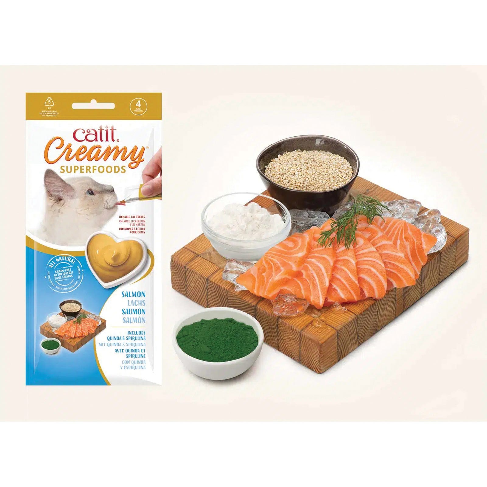 Catit Cat Treat, Creamy, Salmon with Quinoa and Spirulina, 10 g Tube