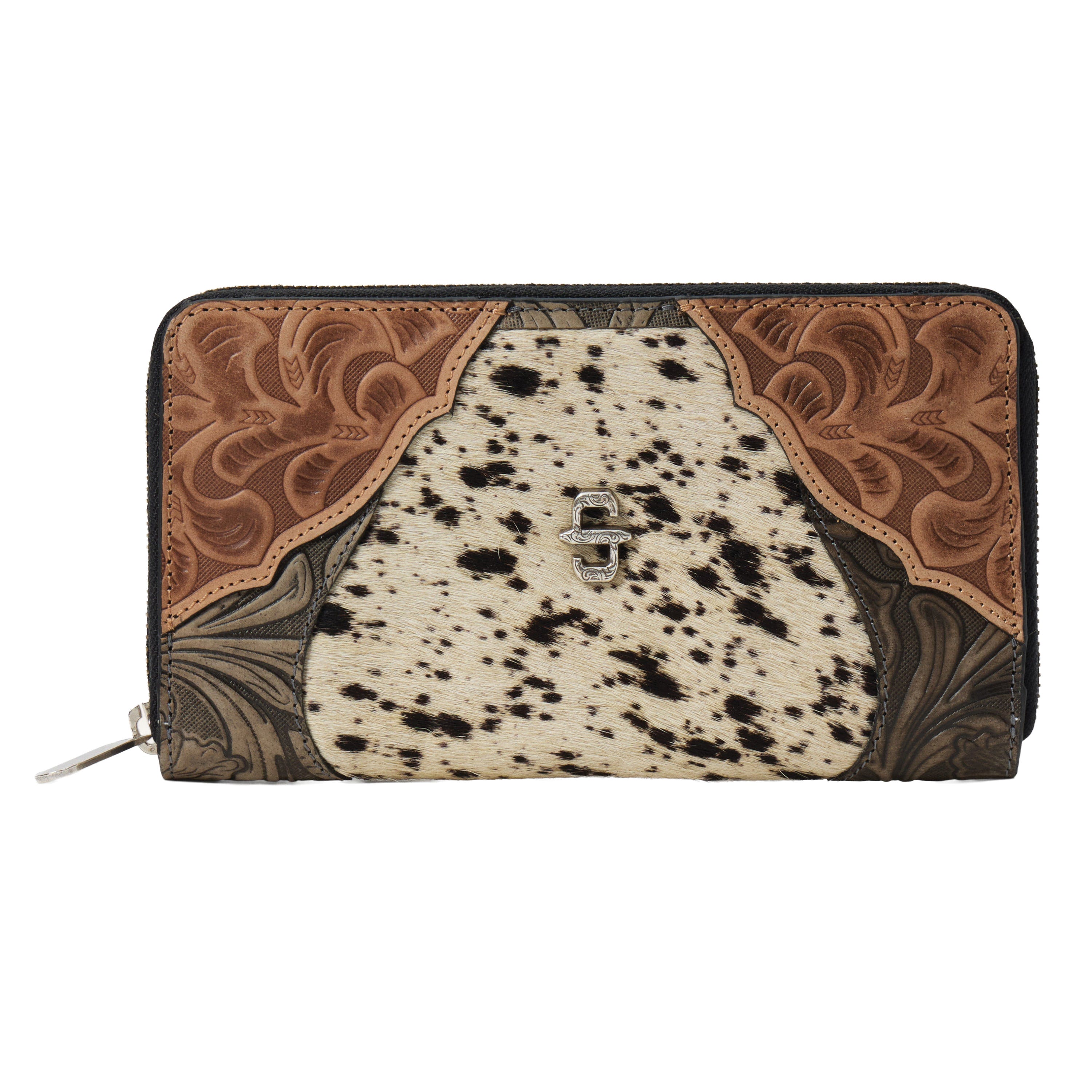 Stetson 9509000-001-NZ Wallet, Women's, Hair-On-Hide Tooled, Stetson Concho, Zipper Closure, Black