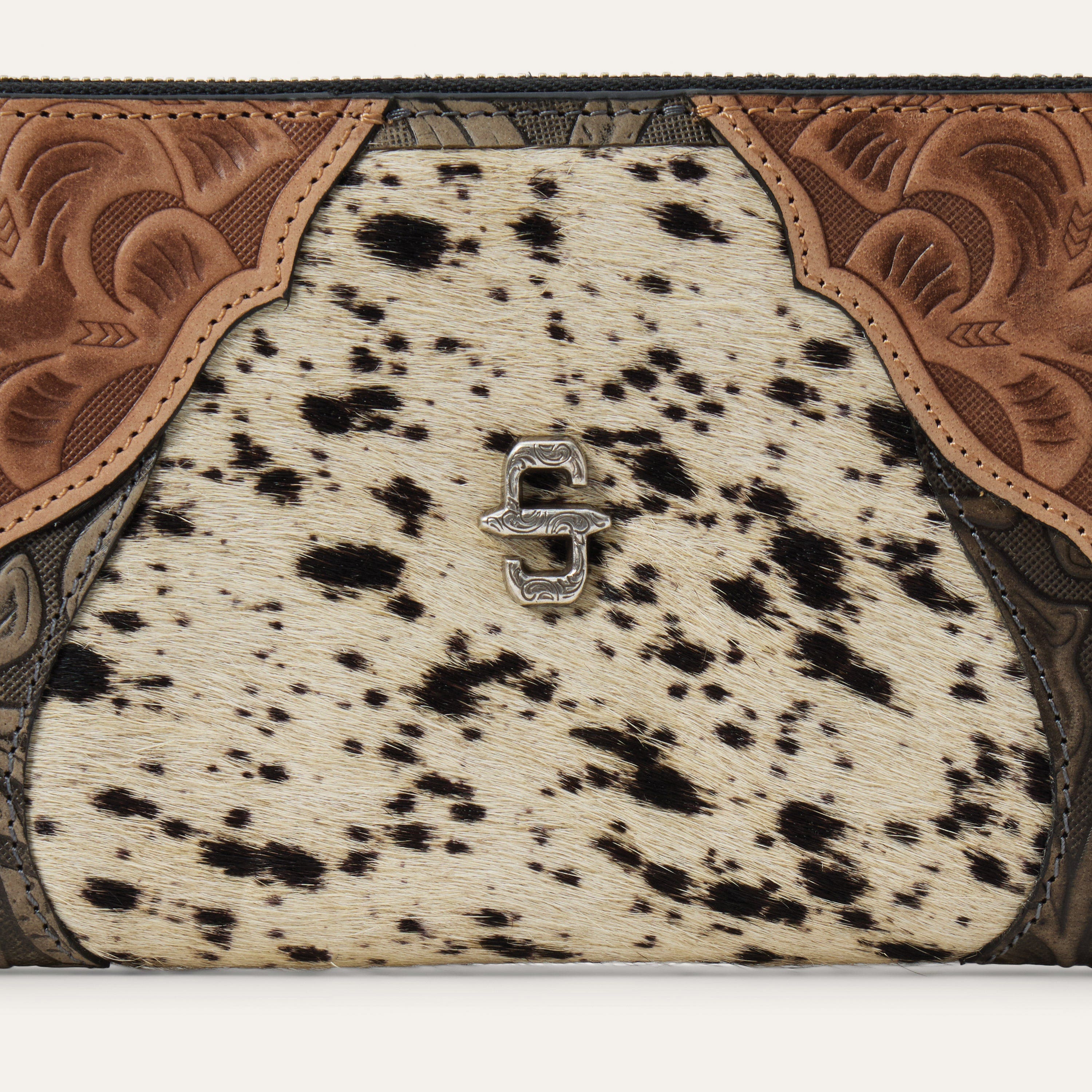 Stetson 9509000-001-NZ Wallet, Women's, Hair-On-Hide Tooled, Stetson Concho, Zipper Closure, Black