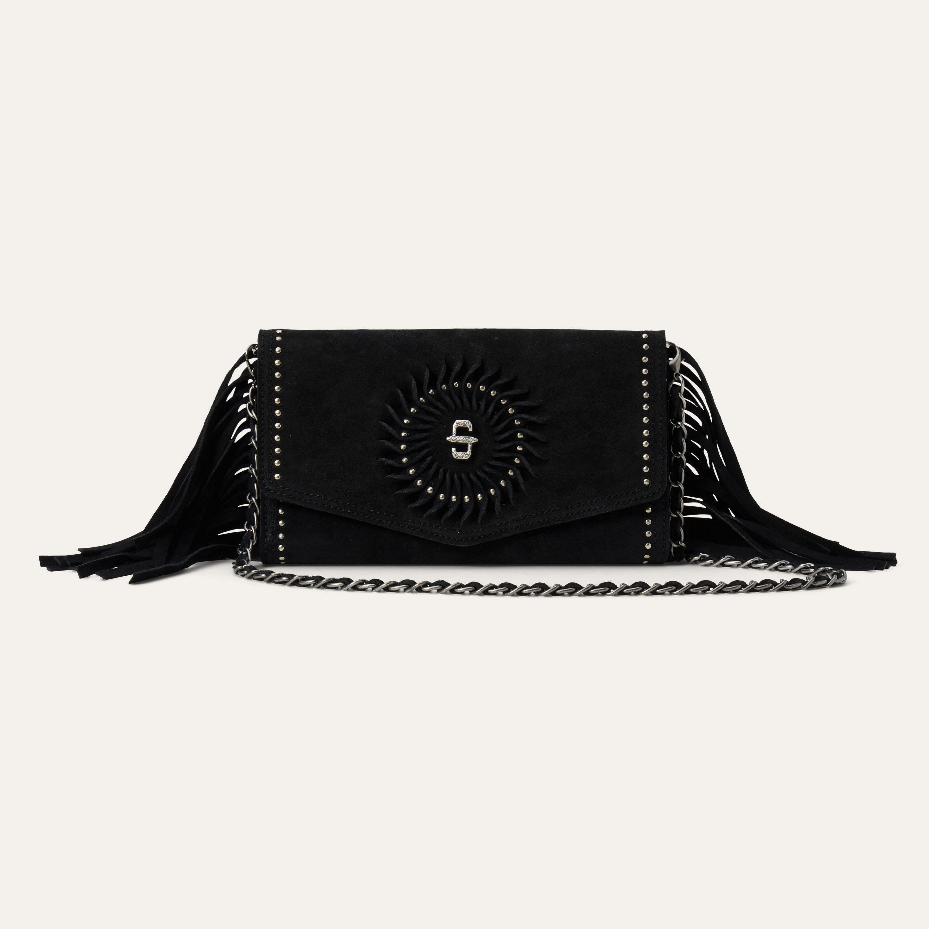 Stetson 9513000-001-NZ Purse, Women's, Spiral Suede Fringed Clutch, Stetson Concho, Black