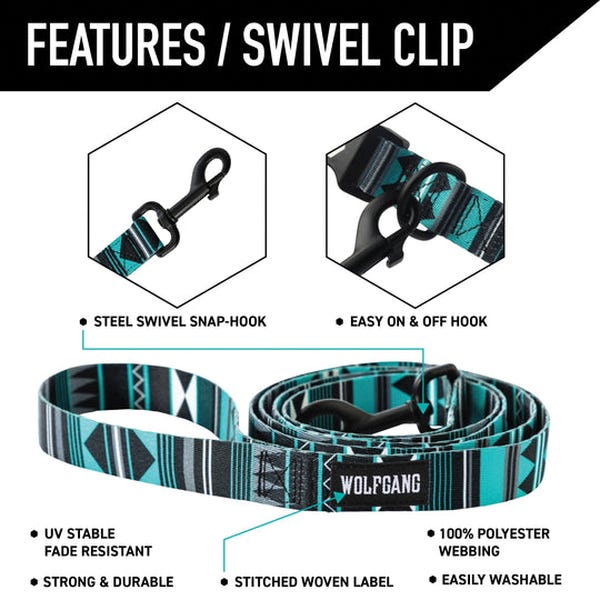 Wolfgang WesternSky Dog Leash, 6 ft L, 1 in W, Polyester Line, Fastening Method: Snap Hook, Swivel
