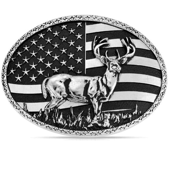Montana Silversmiths Etched American Flag Oval Belt Buckle