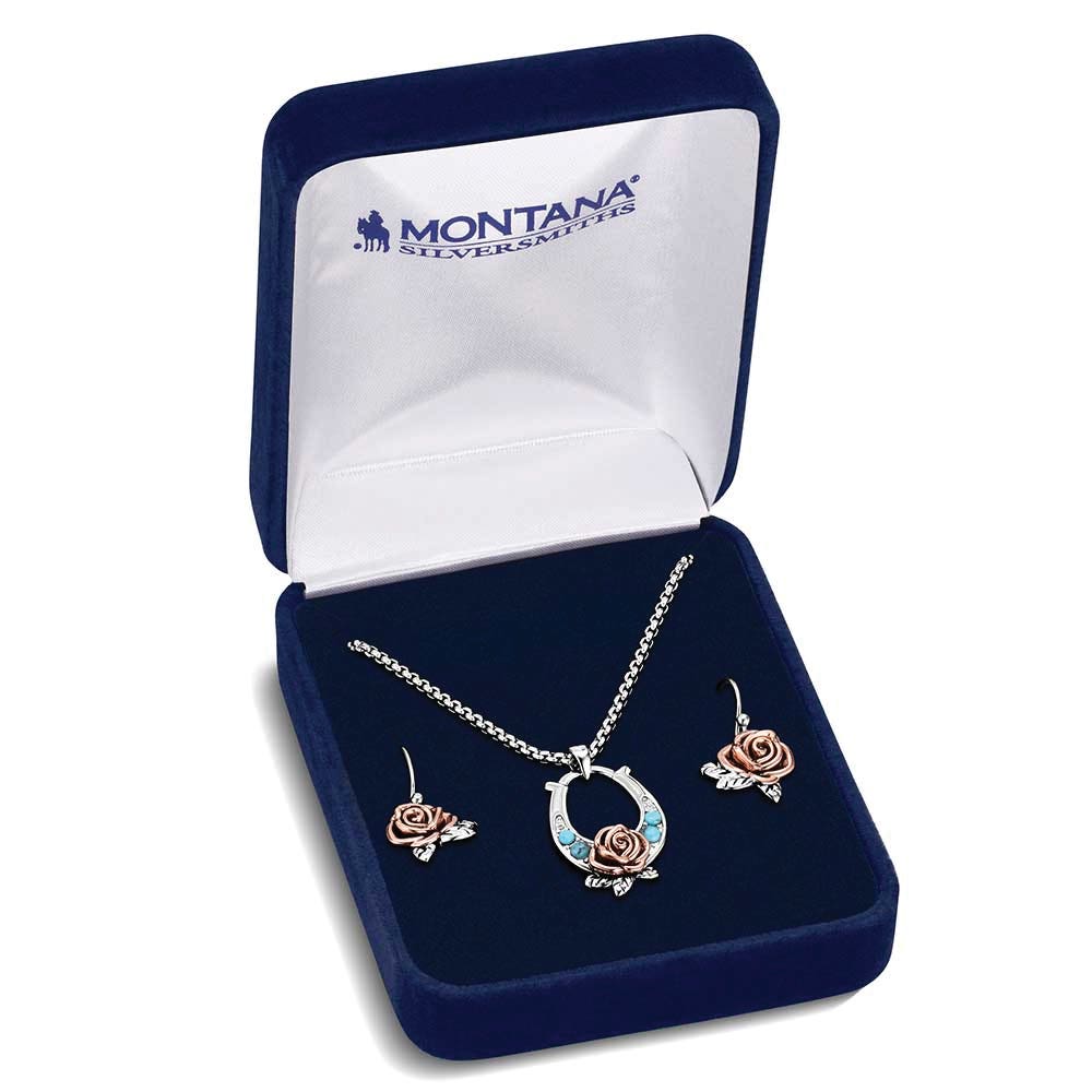 Montana Silversmiths JS6469 Jewelry Set, Women's, Ride for the Roses, Cubic Zirconia, Turquoise Gemstone, Blue Gemstone