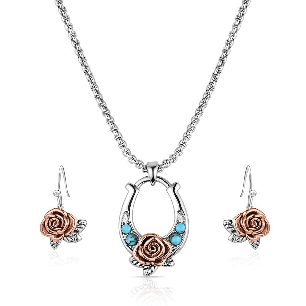 Montana Silversmiths JS6469 Jewelry Set, Women's, Ride for the Roses, Cubic Zirconia, Turquoise Gemstone, Blue Gemstone
