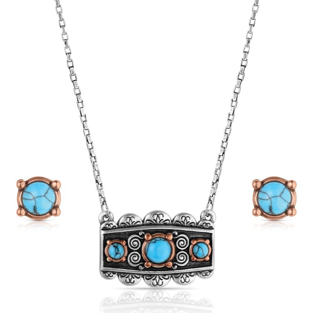 Montana Silversmiths JS6487 Jewelry Set, One-Size, Peaks, Scalloped, Turquoise Gemstone, Stainless Steel/Zinc Alloy