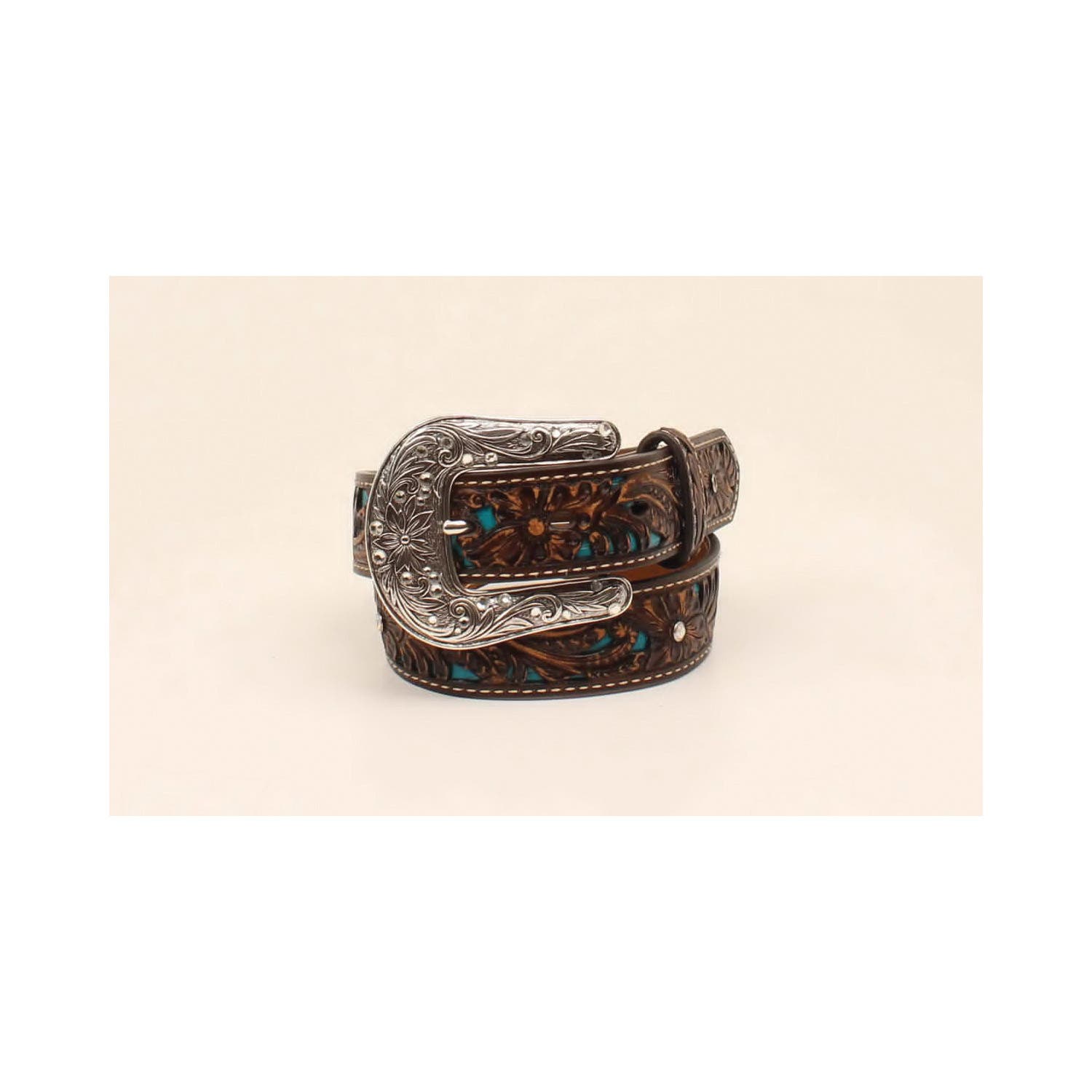Ariat Western Belt, Girl's, 28 in, Floral Etched Buckle, Silver Buckle, Leather, Brown/Turquoise
