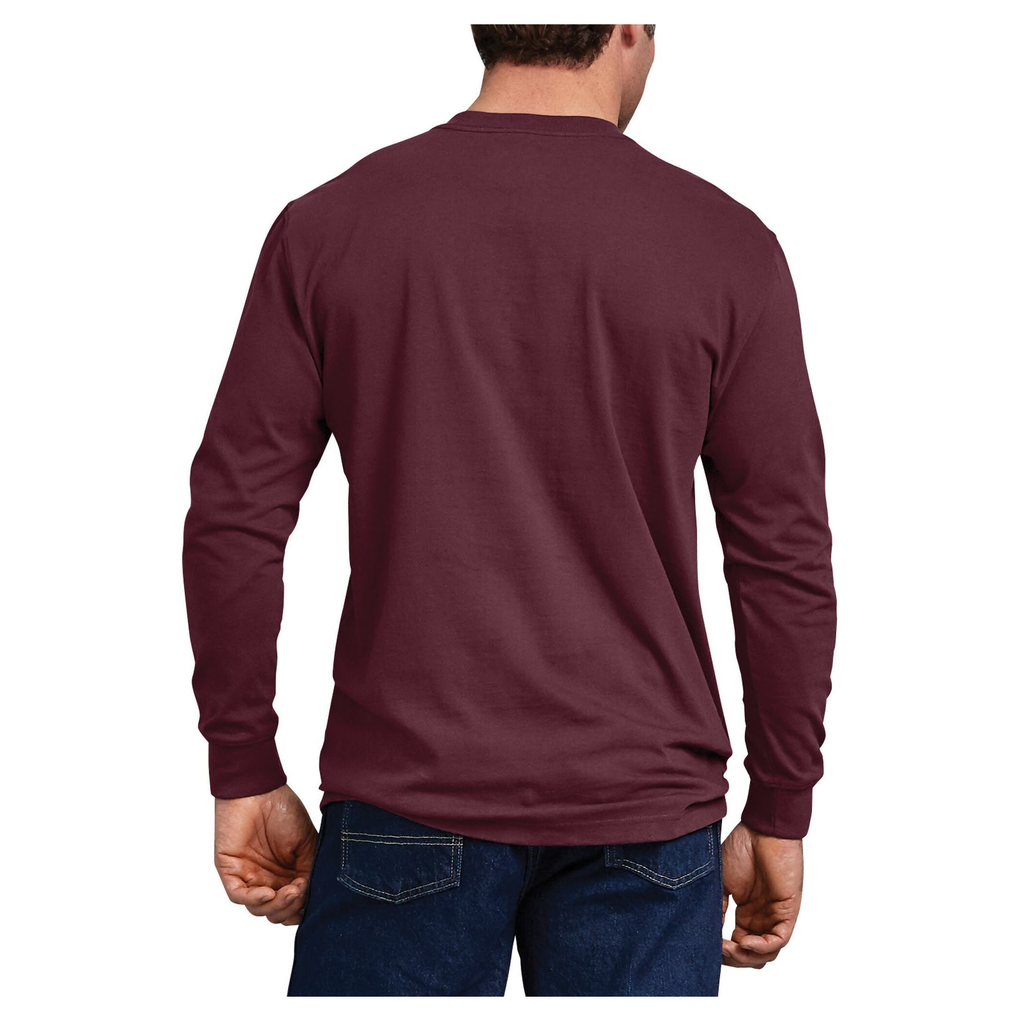 Dickies T-Shirt, M, Cotton, Burgundy, Solid Print/Pattern, Crew Neck Collar, Long Sleeve, Spacious Fit