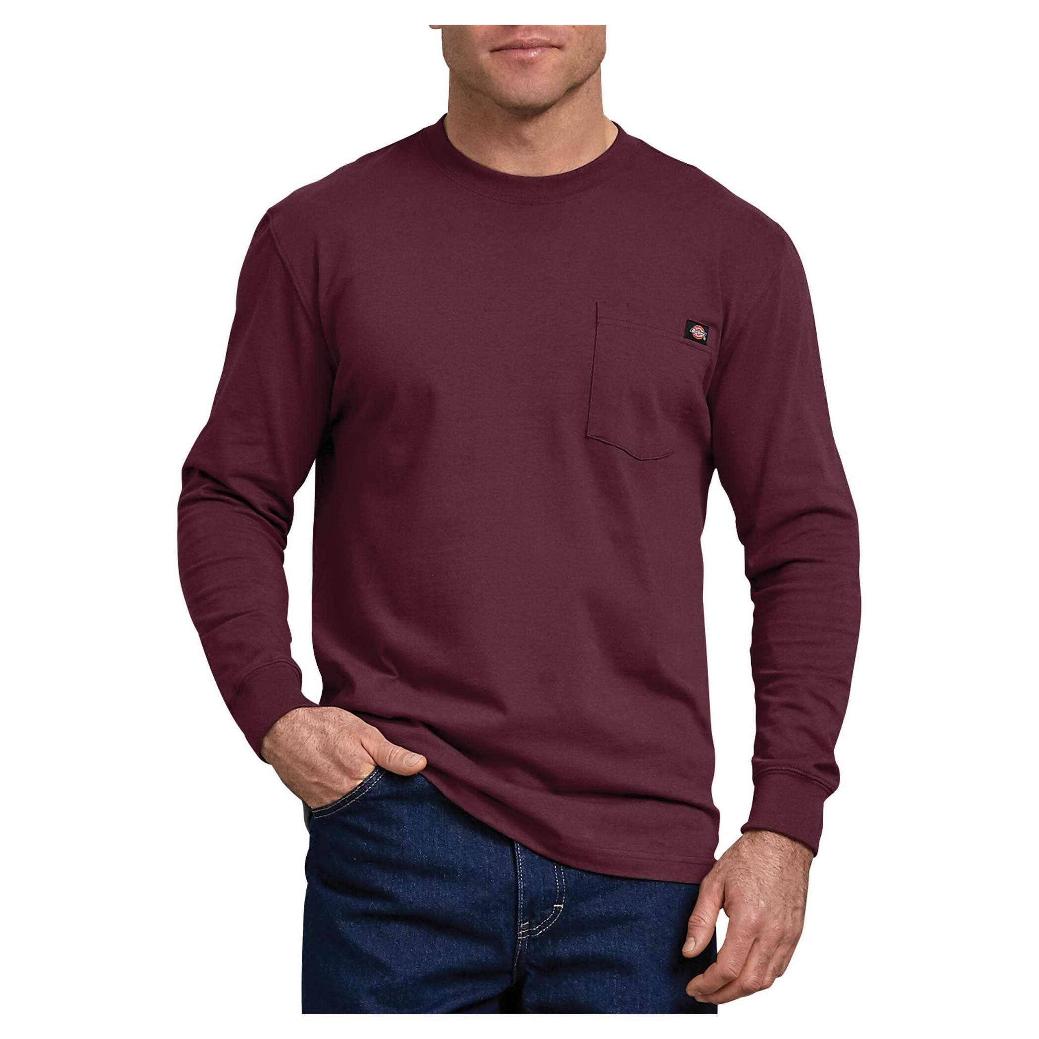 Dickies T-Shirt, M, Cotton, Burgundy, Solid Print/Pattern, Crew Neck Collar, Long Sleeve, Spacious Fit