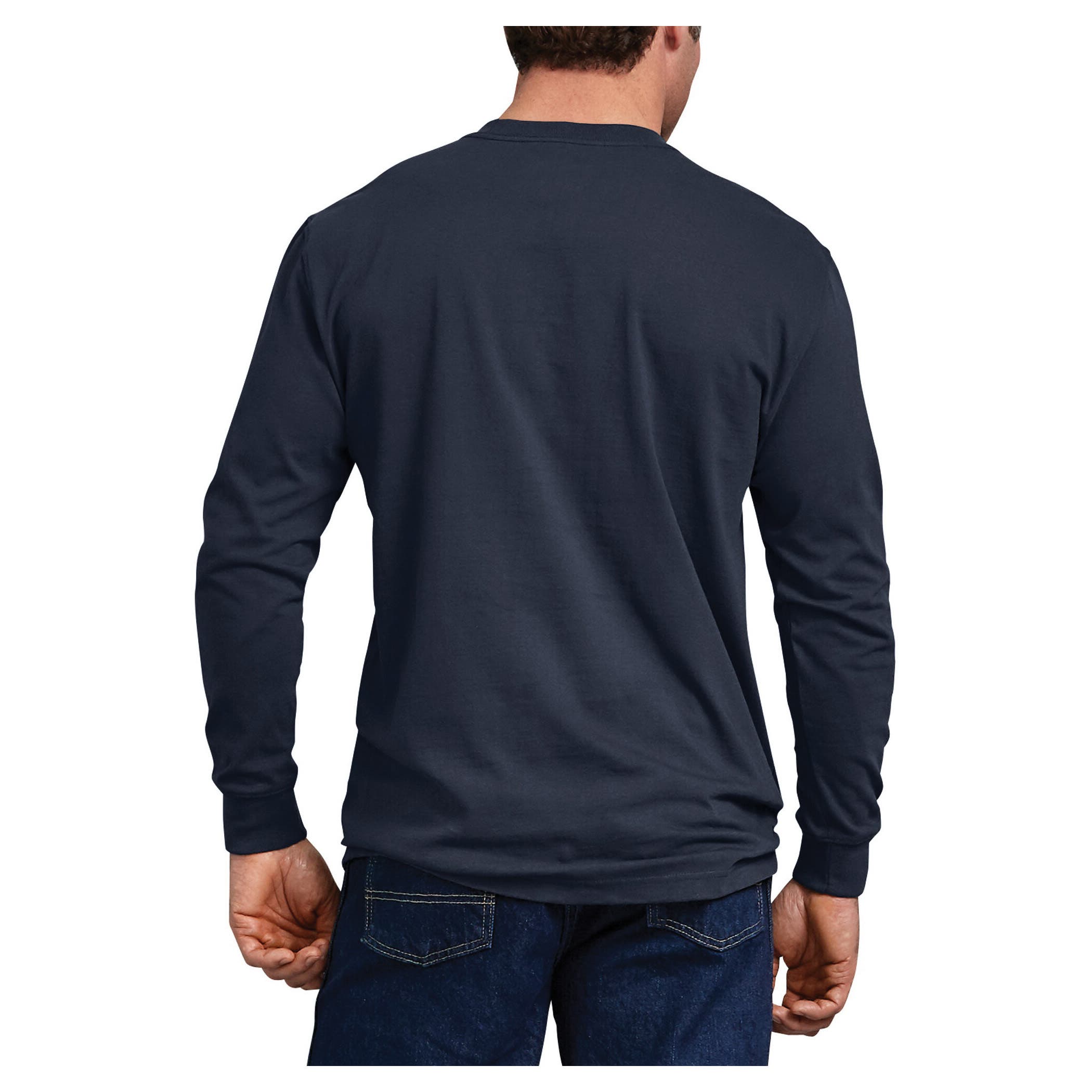 Dickies T-Shirt, L, Cotton, Dark Navy, Solid Print/Pattern, Crew Neck Collar, Long Sleeve, Spacious Fit