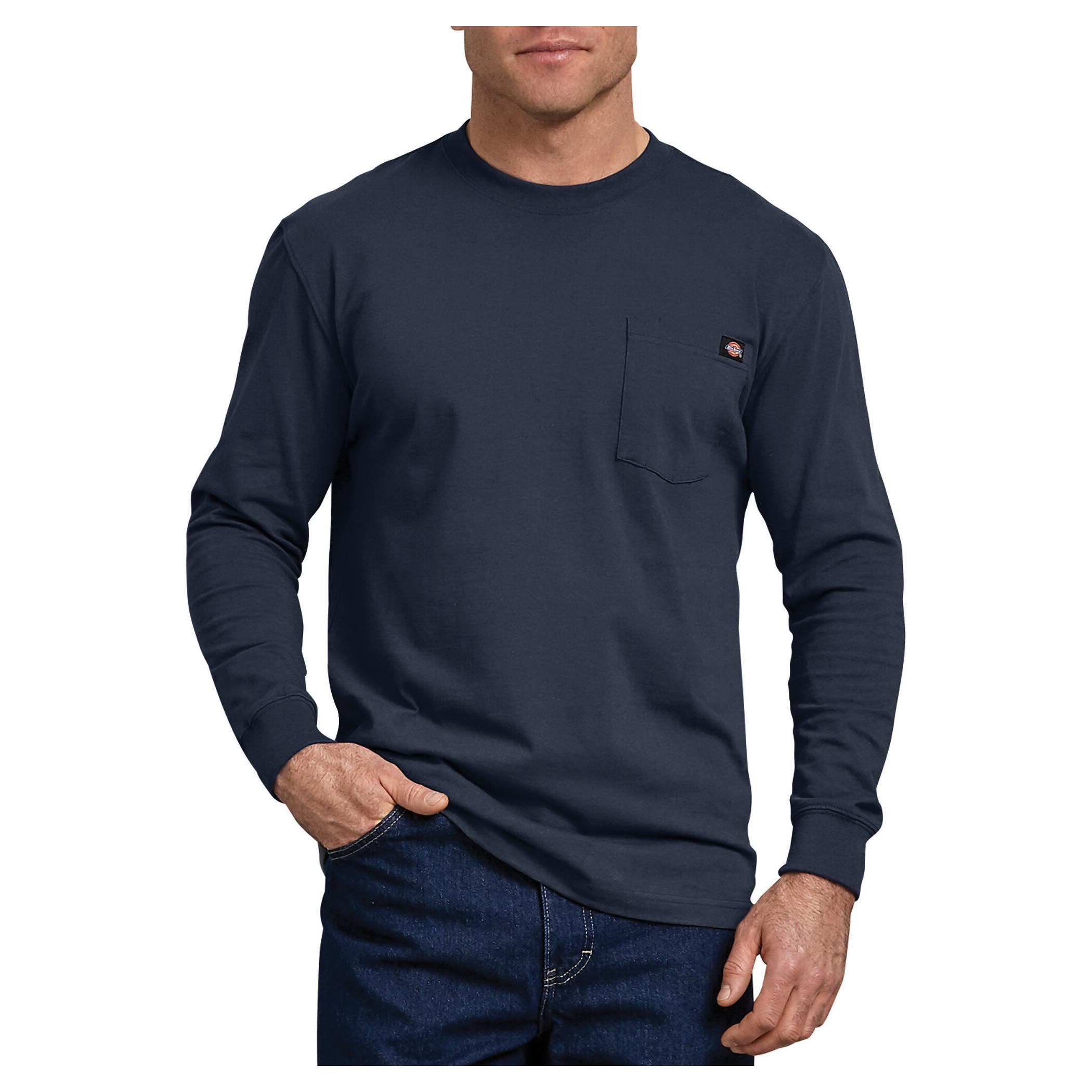 Dickies T-Shirt, L, Cotton, Dark Navy, Solid Print/Pattern, Crew Neck Collar, Long Sleeve, Spacious Fit