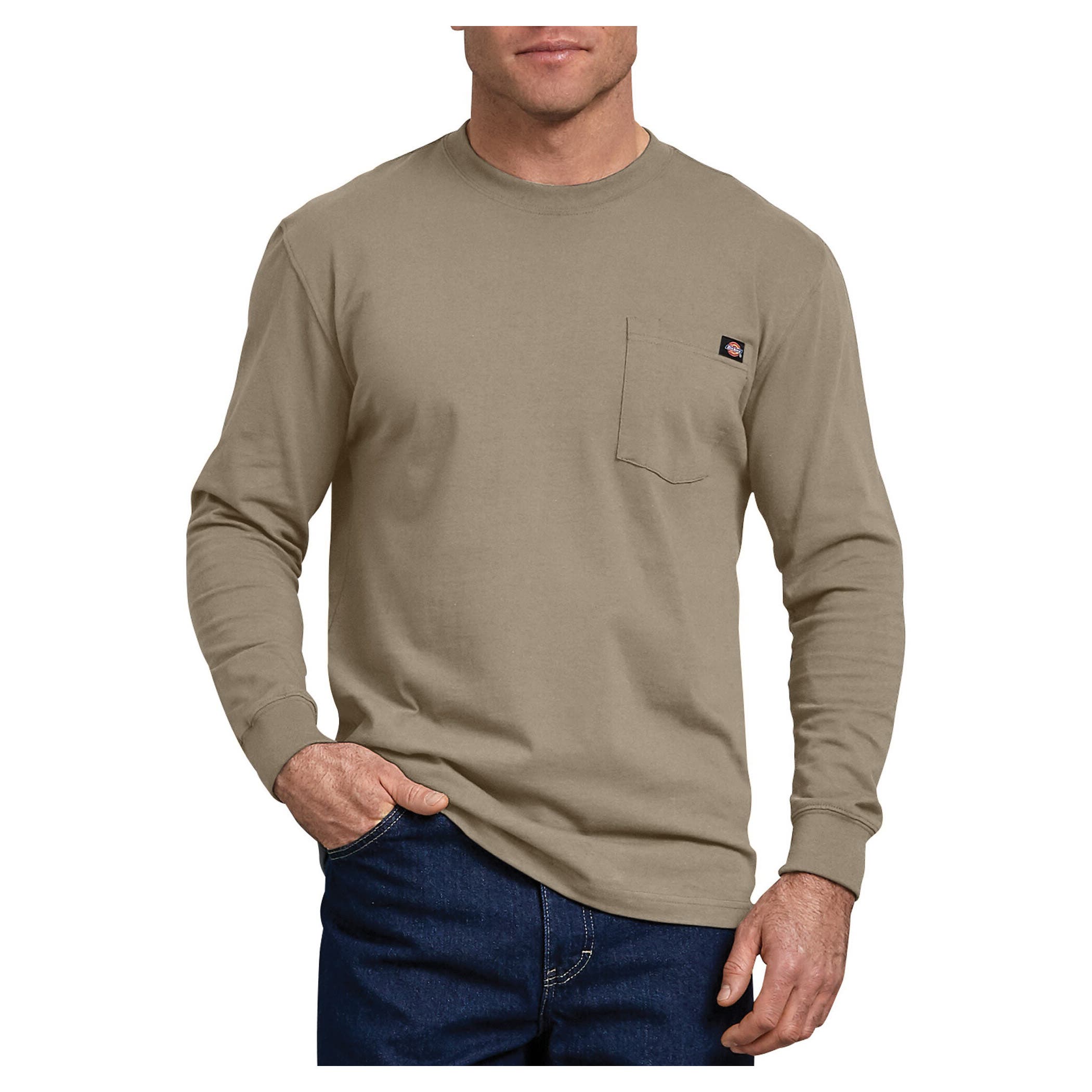 Dickies T-Shirt, L, Cotton, Desert Khaki, Solid Print/Pattern, Crew Neck Collar, Long Sleeve, Spacious Fit