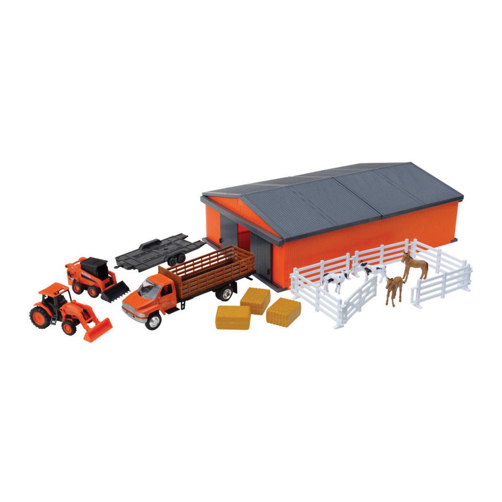 NewRay Kubota Series Farm Vehicles with Machine Shed Set, Orange