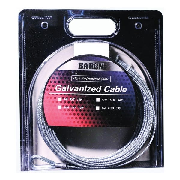 Baron 0 7005/50070 Aircraft Cable, 3/16 in Dia, 50 ft L, 740 lb Working Load, Galvanized Steel