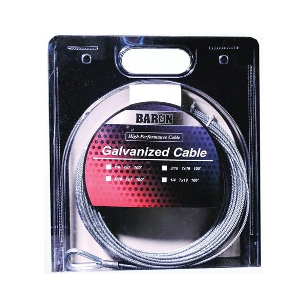 Baron 96005/50069 Aircraft Cable, 1/8 in Dia, 100 ft L, 1220 lb Working Load, Galvanized Steel