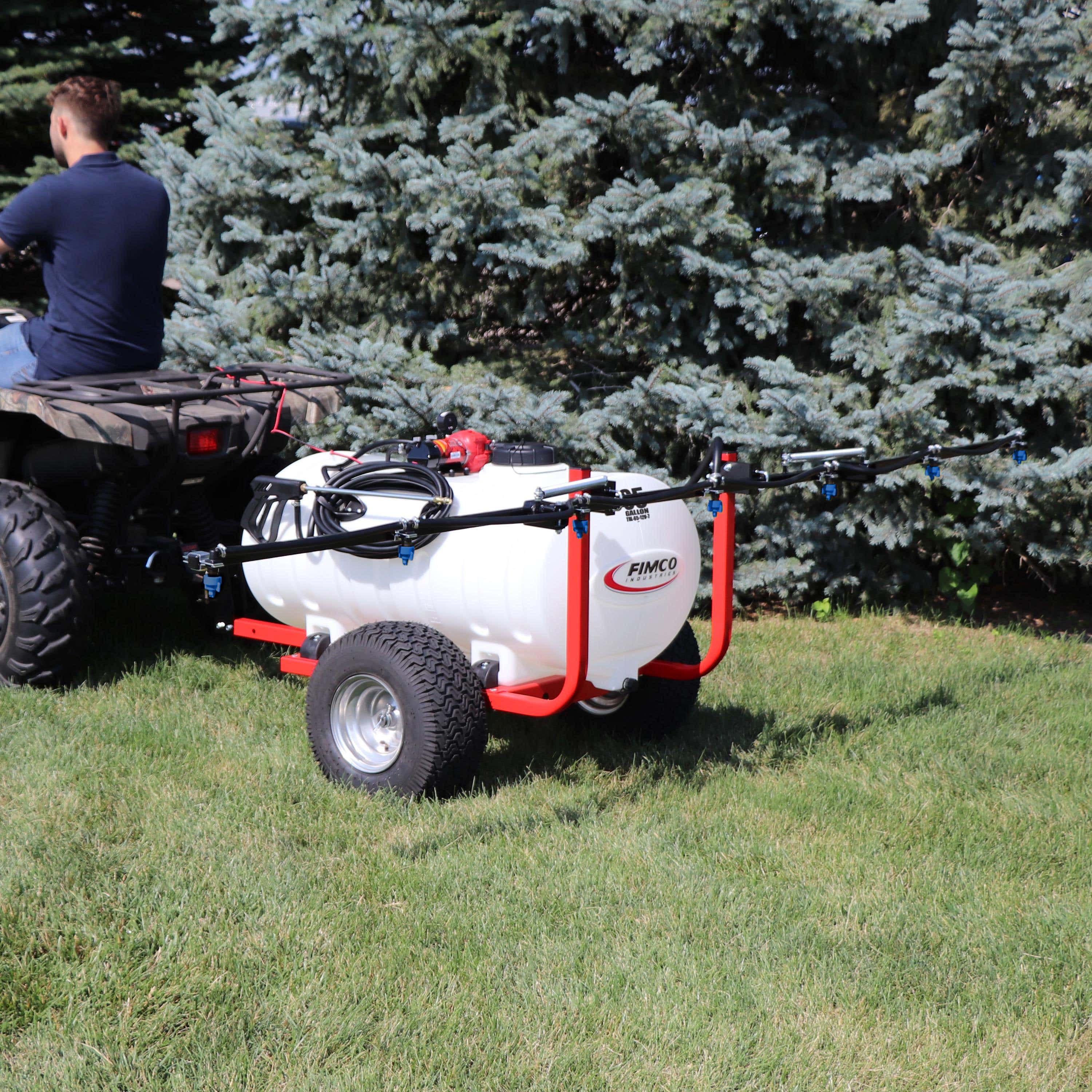 Fimco Lawn and Garden Trailer Sprayer with (7) Nozzle Booms, 46-1/2 in L, 34-3/4 in W, 65 gal, 25 ft L Hose