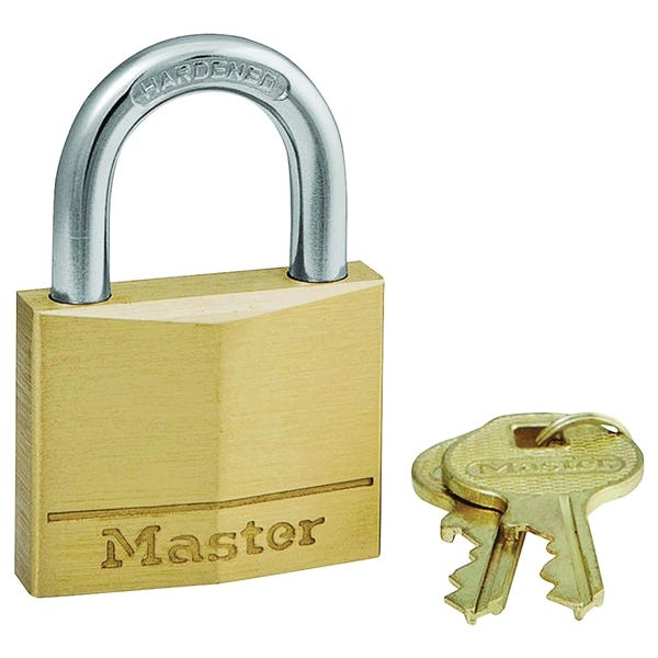 Master Lock 140D Padlock, 1-9/16 in W Body, Keyed Different Key, 1/4 in Dia Shackle, Steel Shackle, Brass Body, Gold