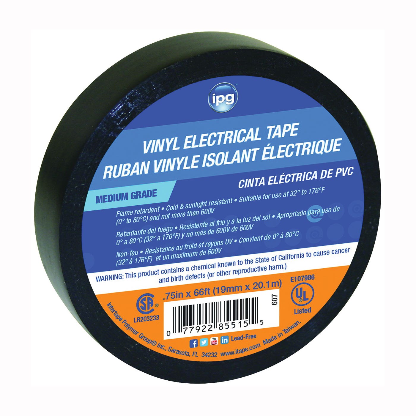 IPG 85835 Electrical Tape, 66 ft L, 3/4 in W, PVC Backing