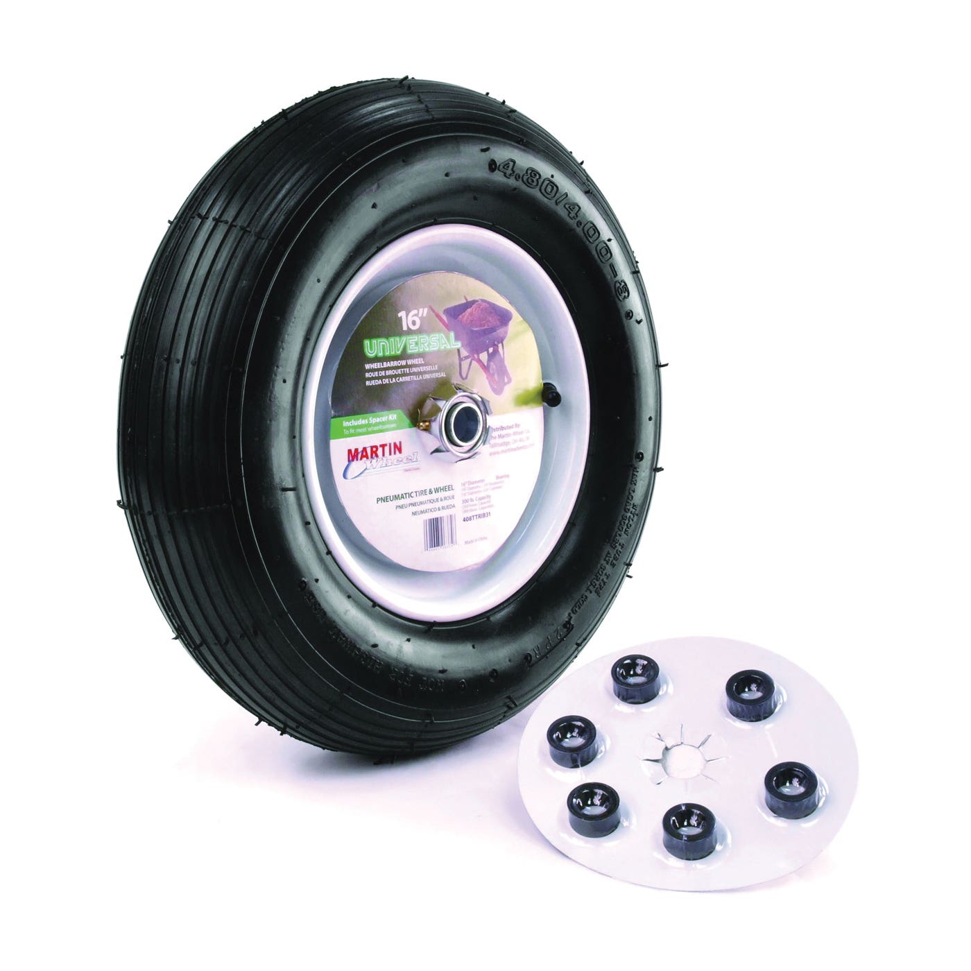MARTIN WHEEL Wheelbarrow Wheel with Universal Hub, 4.8 x 4/8 in Tire, 16 in Dia Tire, Ribbed Tread