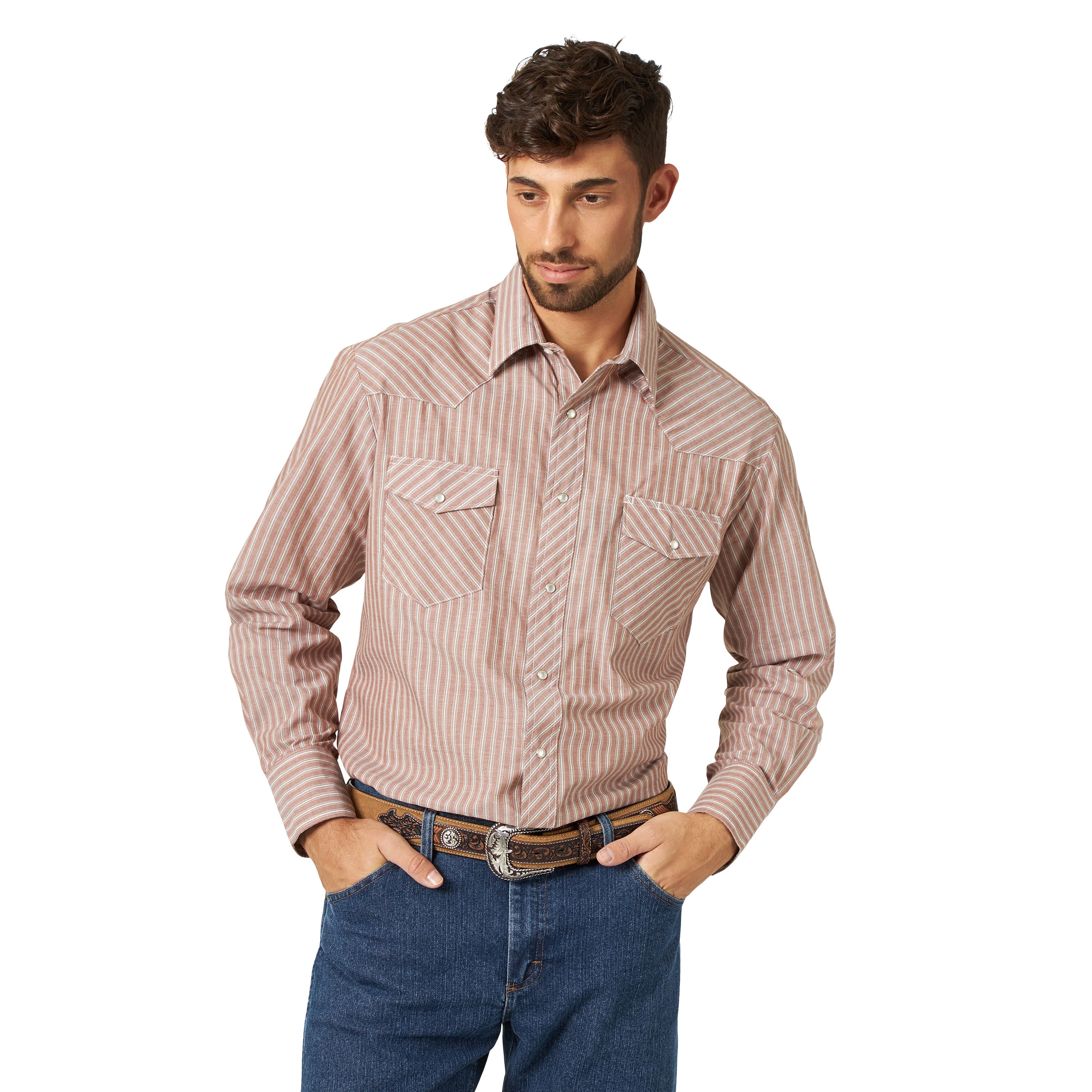 Wrangler Western Shirt, S, Regular, Cotton/Polyester, Assorted, Stripe Print/Pattern, Spread Collar