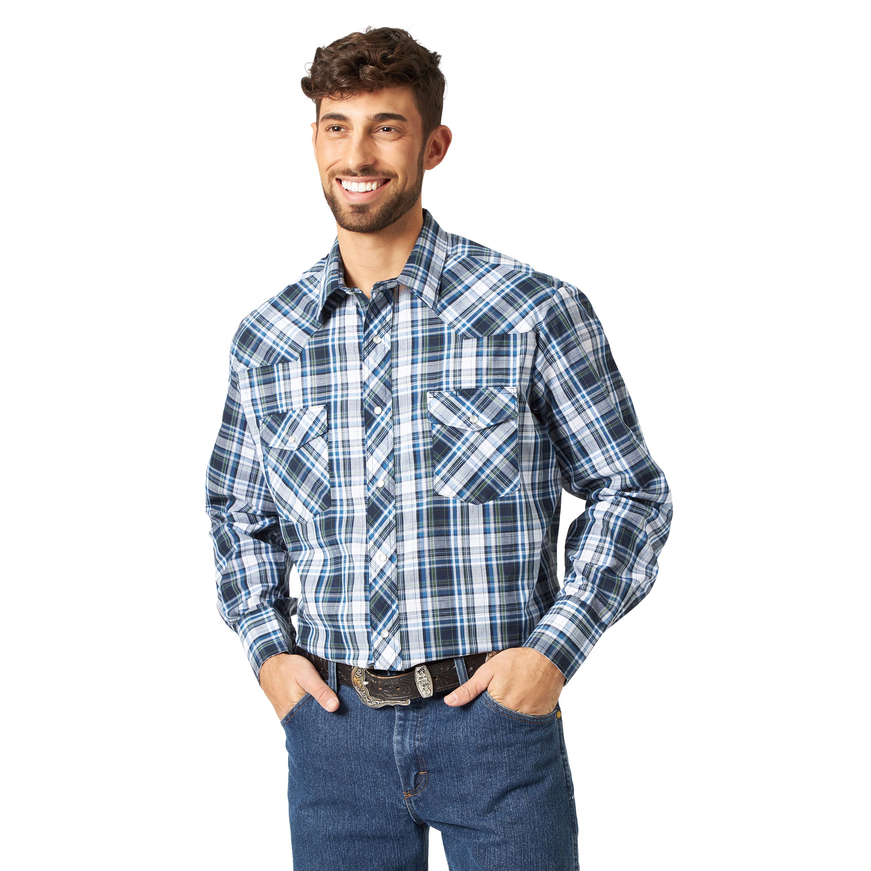 Wrangler Western Shirt, XL, Regular, Cotton/Polyester, Assorted, Plaid Print/Pattern, Spread Collar