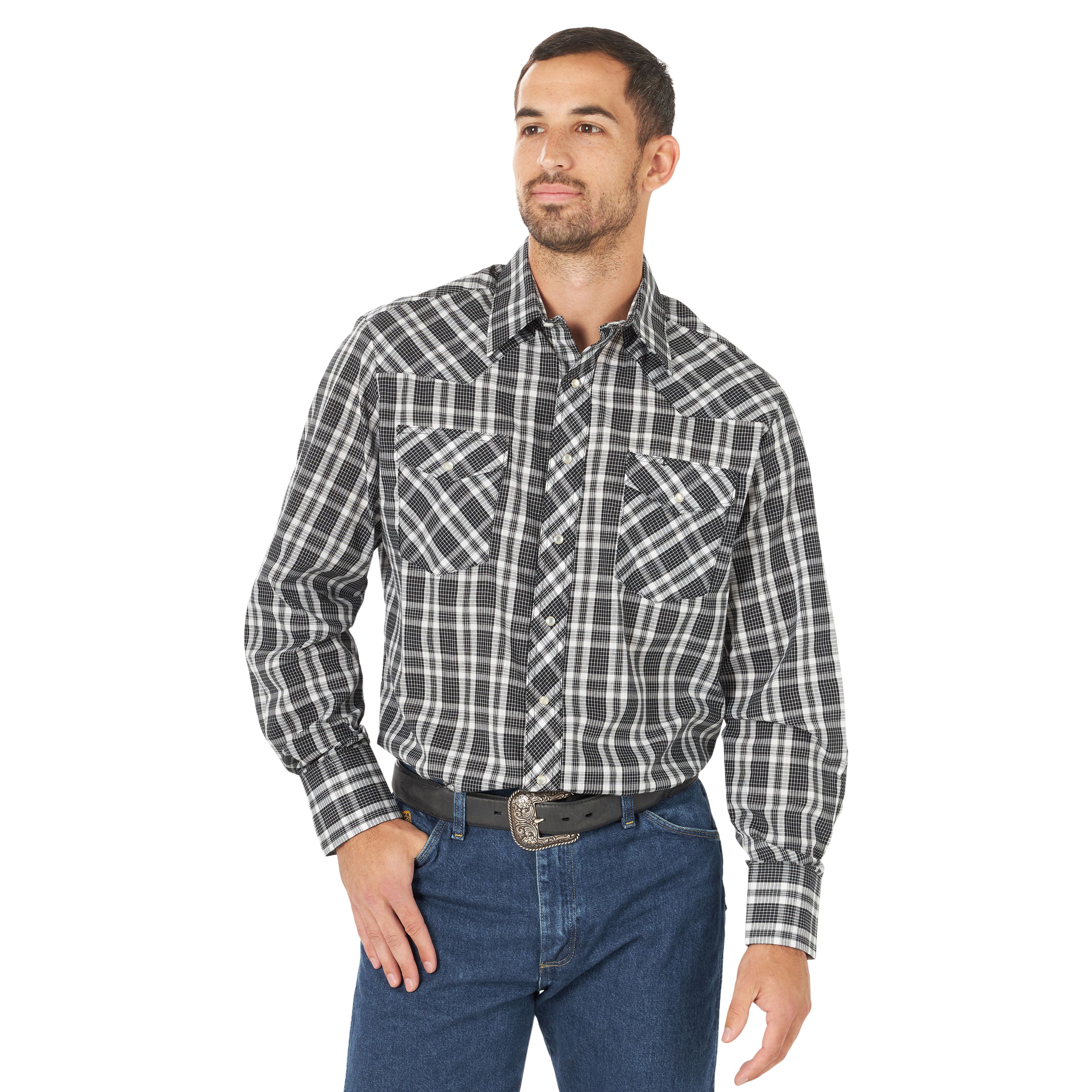 Wrangler Western Shirt, XL, Tall, Cotton/Polyester, Plaid Print/Pattern, Spread Collar, Long Sleeve