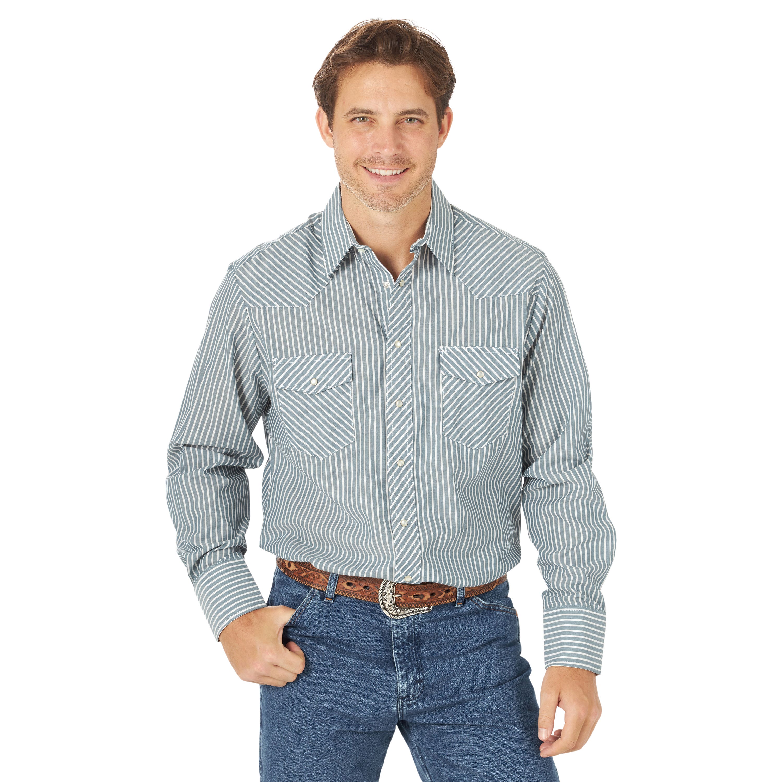 Wrangler Western Shirt, XL, Tall, Cotton/Polyester, Stripe Print/Pattern, Long Sleeve, Button Closure