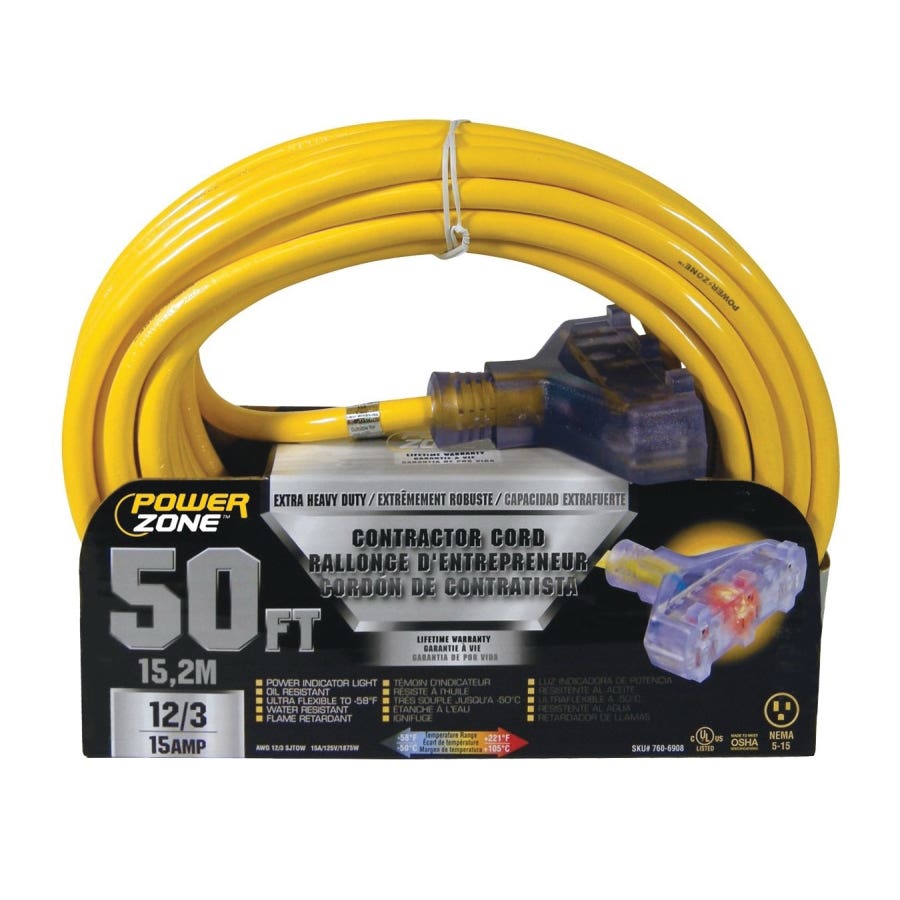 PowerZone ORP611830 Contractor Cord, 12 AWG Cable, 50 ft L, 15 A, 125 V, Yellow