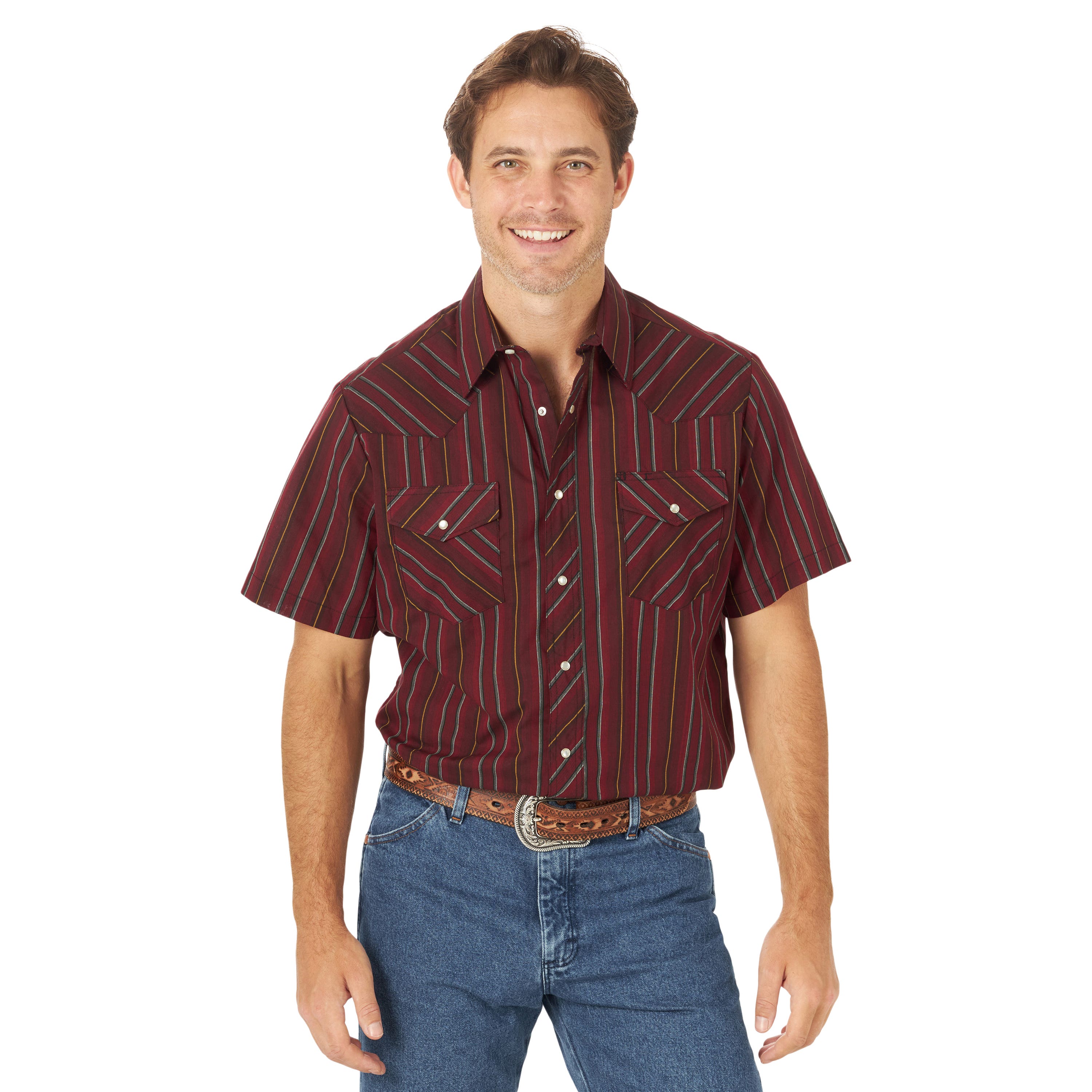 Wrangler 76201AA XL Shirt, XL, Cotton/Polyester, Stripe Print/Pattern, Short Sleeve, Button Closure