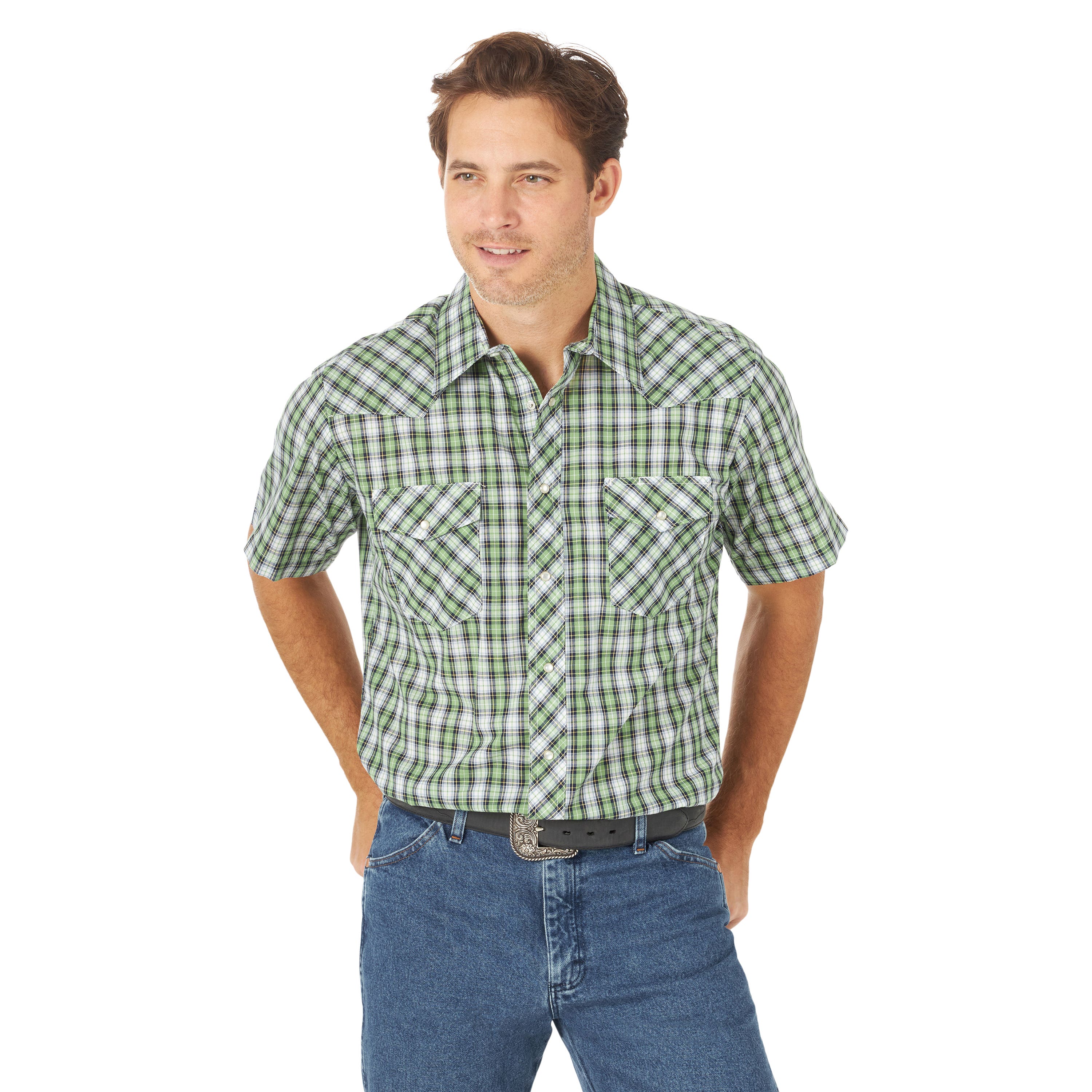 Wrangler Western Shirt, XL, Cotton/Polyester, Plaid Print/Pattern, Spread Collar, Short Sleeve