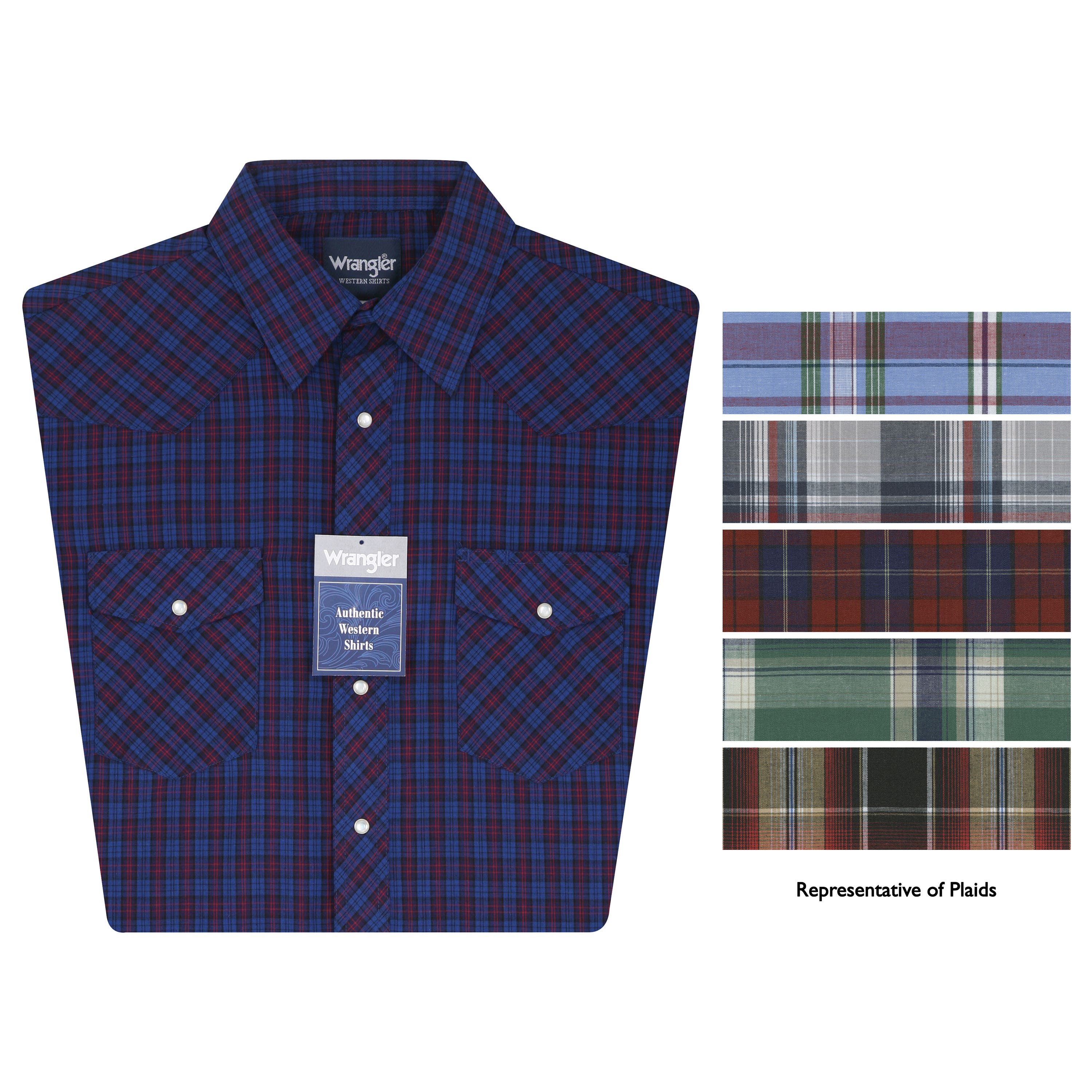Wrangler Western Shirt, XL, Cotton/Polyester, Plaid Print/Pattern, Spread Collar, Short Sleeve