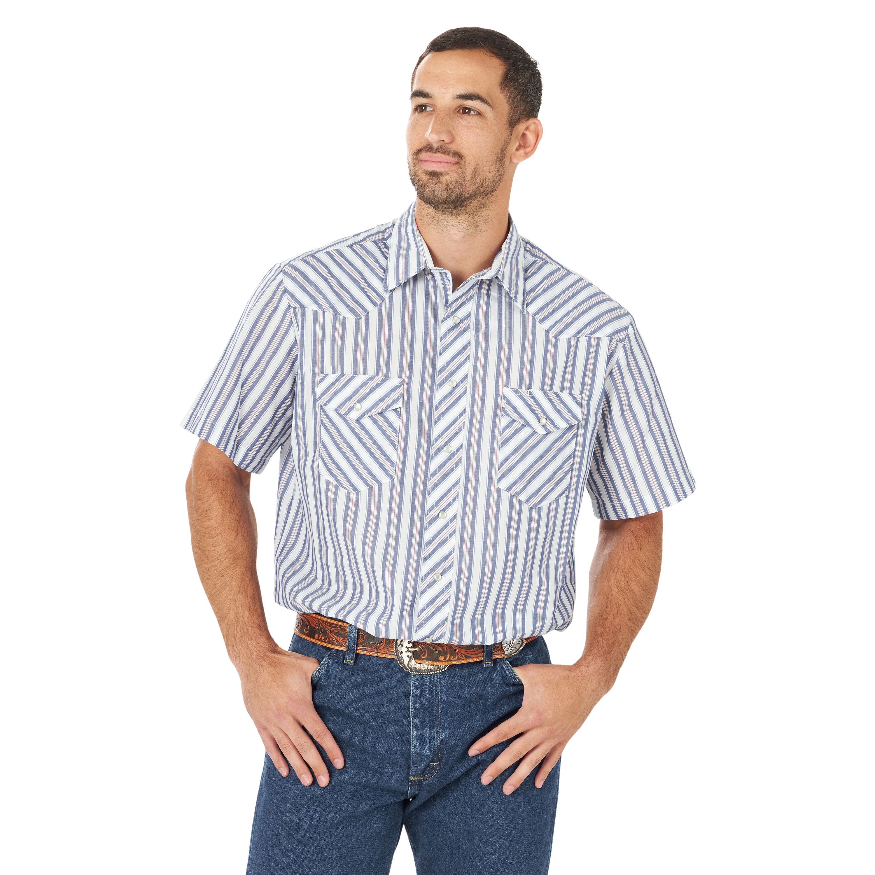 Wrangler 76951PP LT Western Shirt, L, Tall, Cotton/Polyester, Stripe Print/Pattern, Short Sleeve, Button Closure