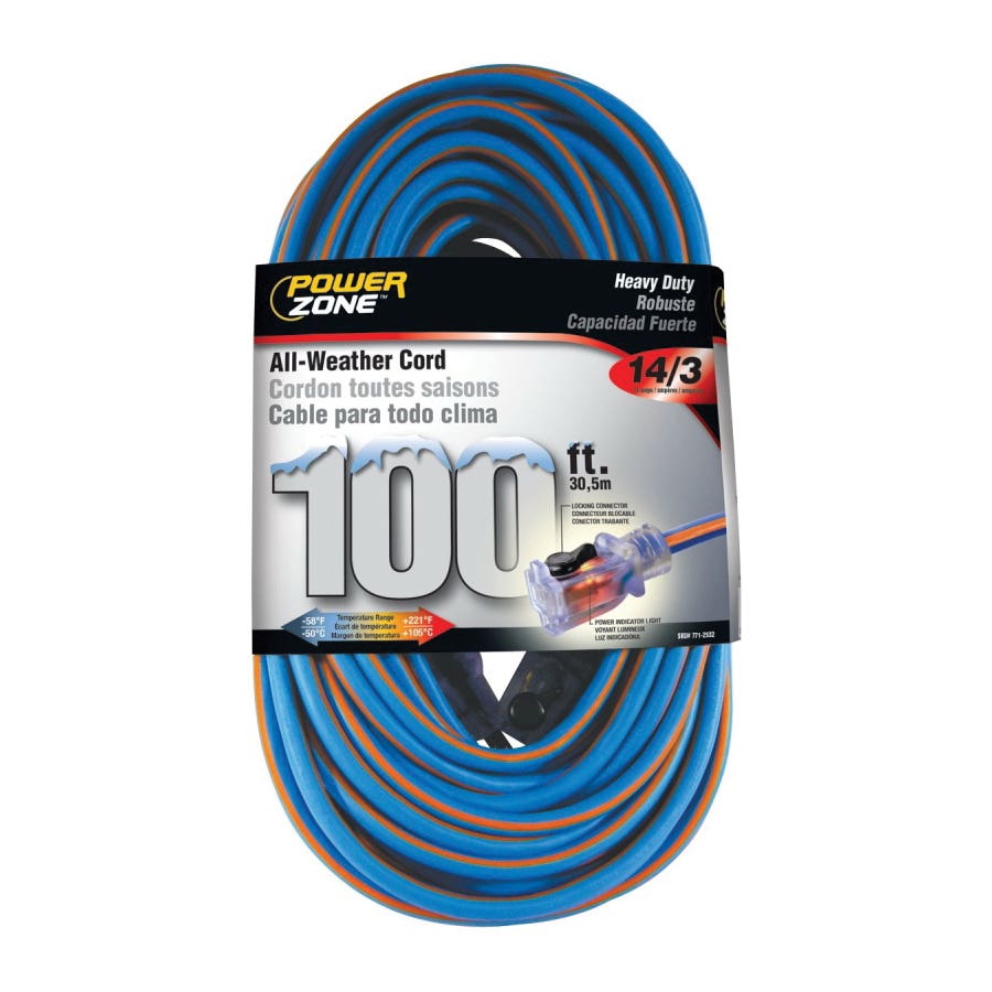 PowerZone ORC530735 Extension Cord, 14 AWG Cable, 5-15P Grounded Plug, 5-15R Grounded Receptacle, 100 ft L, 125 V